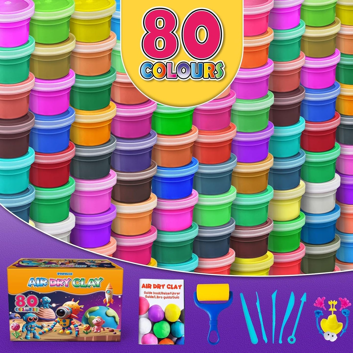 ESSENSON Air Dry Clay - 80 Colors Modeling Magic Clay, Best Gift for Boys & Girls Age 3-12 Year Old, DIY Molding Kids, with Sculpting Tools, Decoration Accessories, Kids Art Crafts