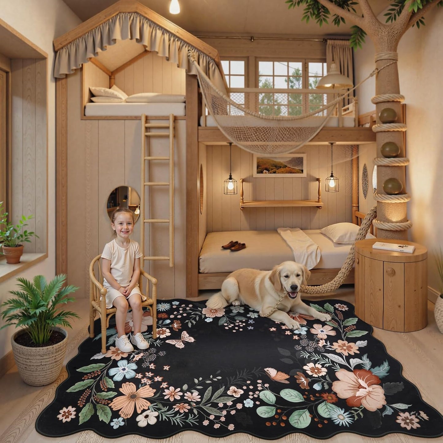 Beeiva 6x9 Rug for Living Room - Scalloped Floral Printed Bedroom Rug Machine Washable Area Rug Soft Area Rug Boho Ultra-Thin Stain Resistant Aesthetic Carpet for Playroom Dorm Office(Black,6x9ft)