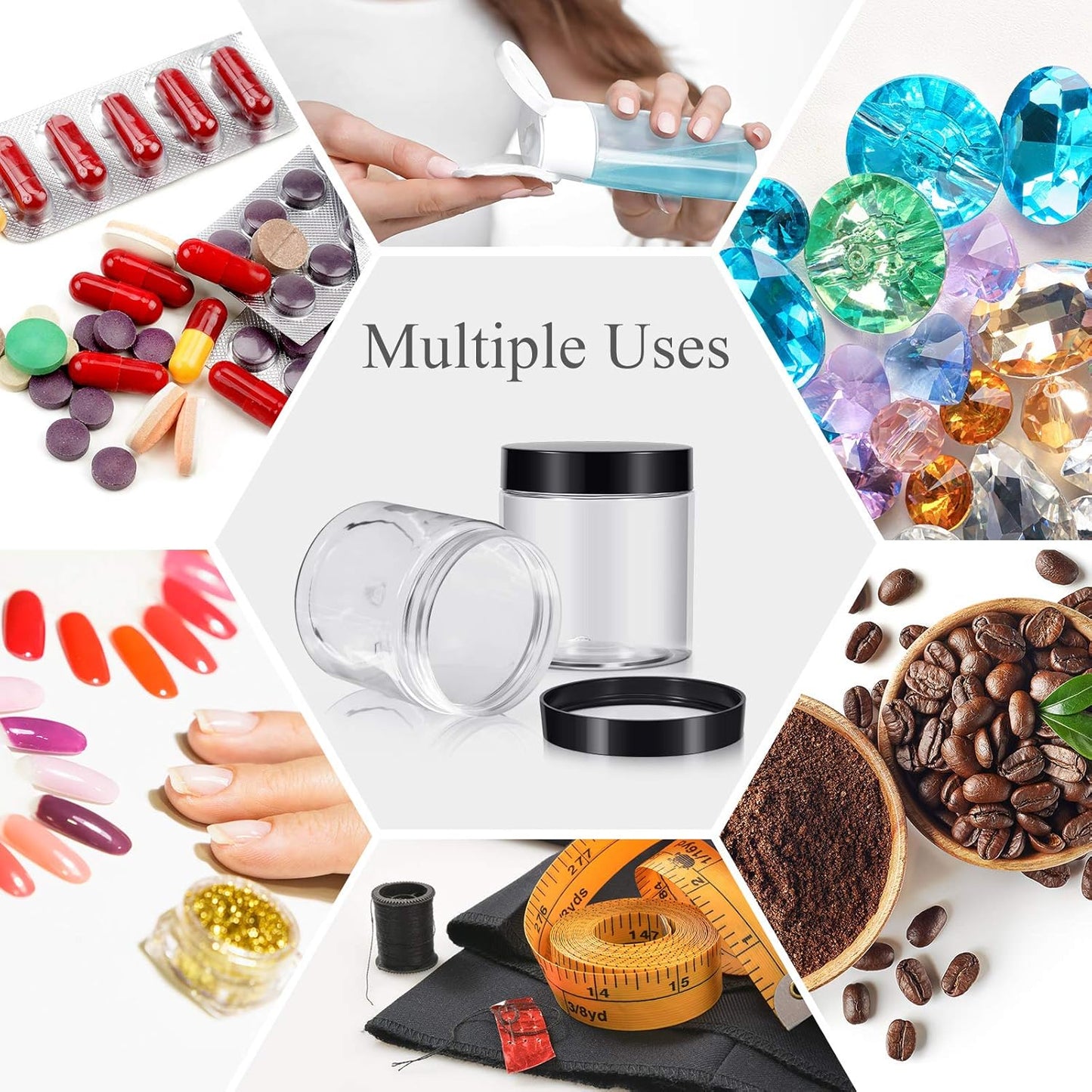 SATINIOR 12 Pack Plastic Container Jars with Lids Round Clear Travel Cosmetic Container Slime Jar for Toiletries, Lotion, Cream, Ointment, Makeup, Rhinestone, Sample, Kitchen Storage(8 oz,Black)