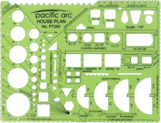Pacific Arc House Plans Templates Guide, with Stairs, Doors, Plumbing, Kitchen Appliances, and Roof Pitch Gauge, Scale of 1/4 Inch to 1 Foot