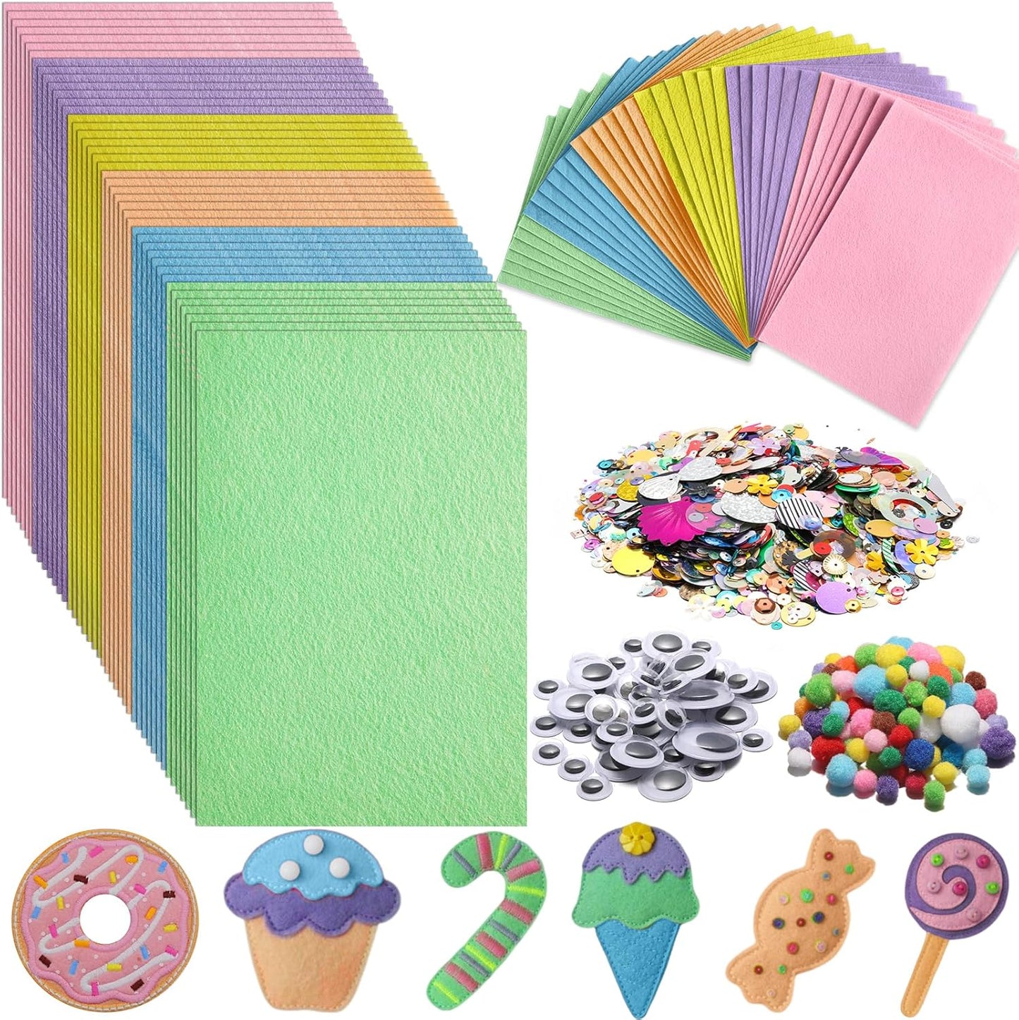 42Pcs Pastel Felt Fabric Sheets 8 x 12 Inch Pink Purple Blue Assorted Soft Thick Felt Pack with Wiggle Google Eyes Pom Poms Glitter Patchwork Craft Supply for DlY Sewing Creative Art Project Decor