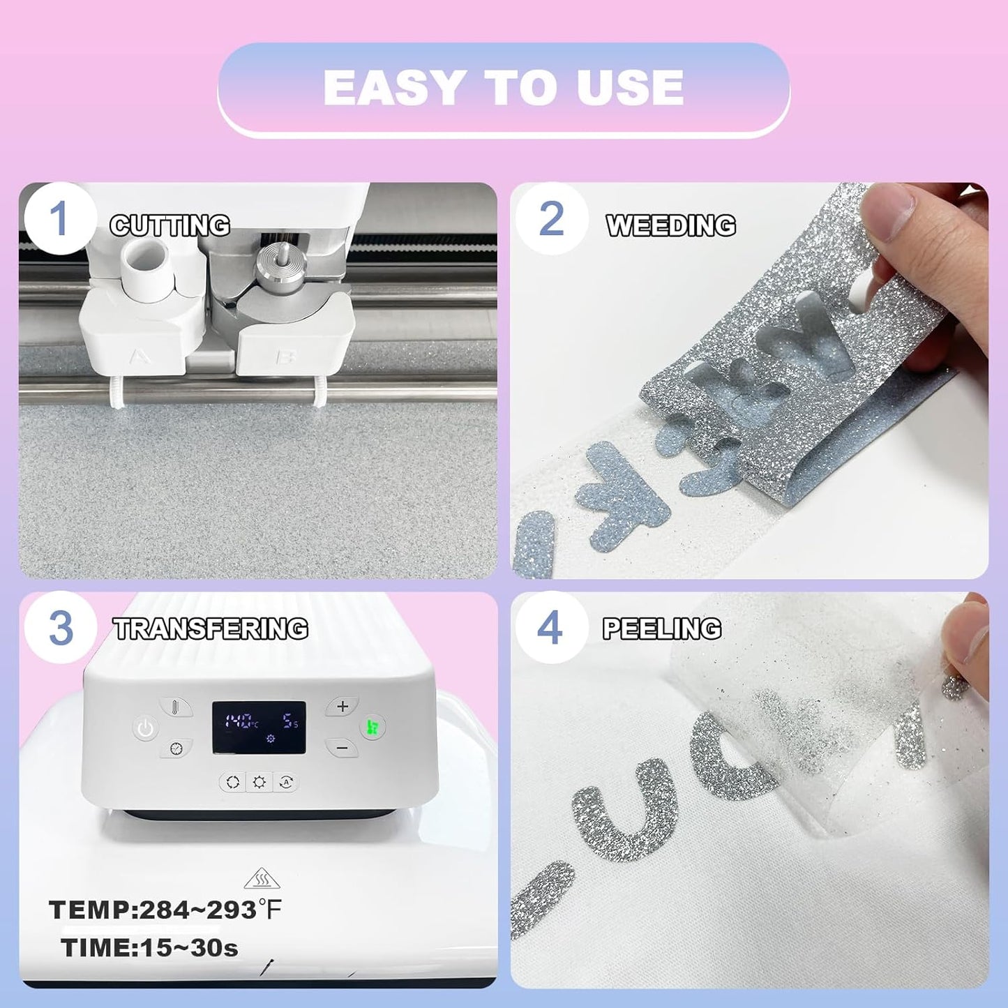 Glitter HTV Heat Transfer Vinyl Rolls are Made from Materials. The Glitter Gives a Luxurious Look and ensures Durability for Your Shirt designsStand Out from The Crowd with