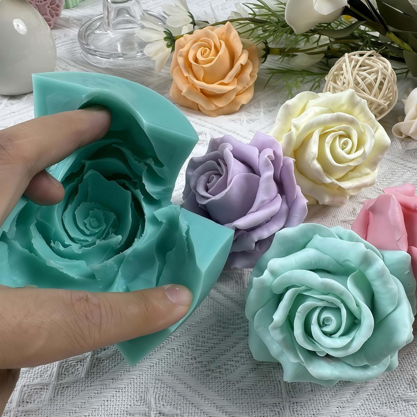3D Flower Beautiful Bloom Rose Mold for Candle Making Candle Making Mould Soap Making Silicone Fondant Soap 3D Cake Molds Epoxy Resin Wax Cupcake Jelly Candy Chocolate Decoration Baking Tool Moulds
