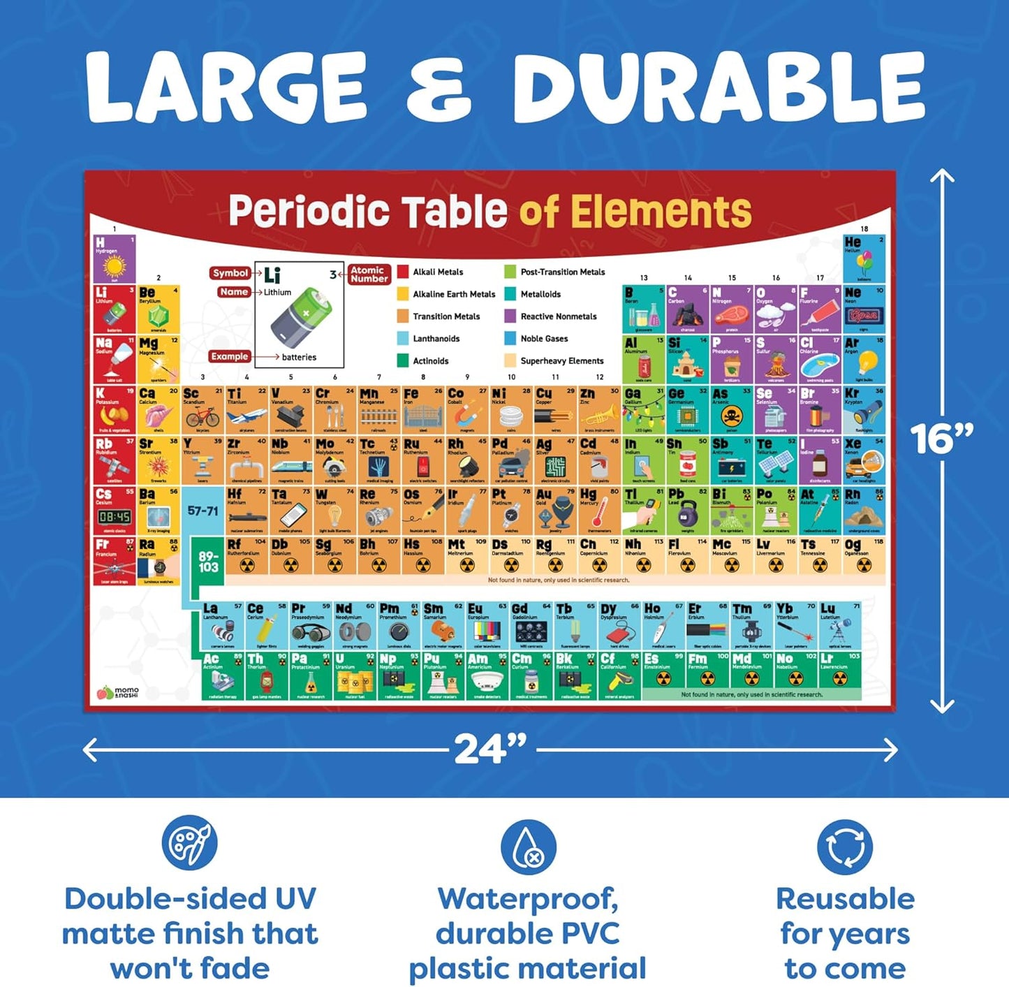 Momo & Nashi Periodic Table Poster for Classroom - 24” x 16” Reversible Periodic Table of Elements Poster Chart for Kids - 2025 Updated Chemistry Science Posters - Classroom Educational Posters