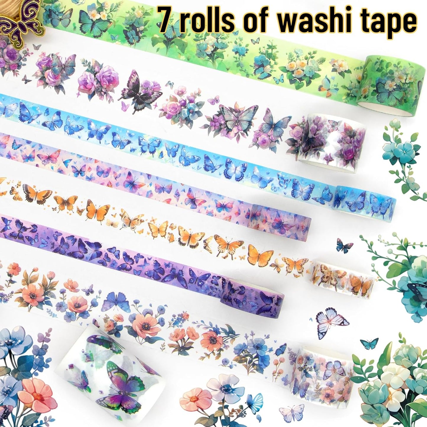 Washi Tape Set 12 Rolls - Over 700 PCS Butterfly Stickers, Washi Tape Stickers for Scrapbooking Supplies, Bullet Journaling Supplies, Junk Journal, DIY Crafts Art
