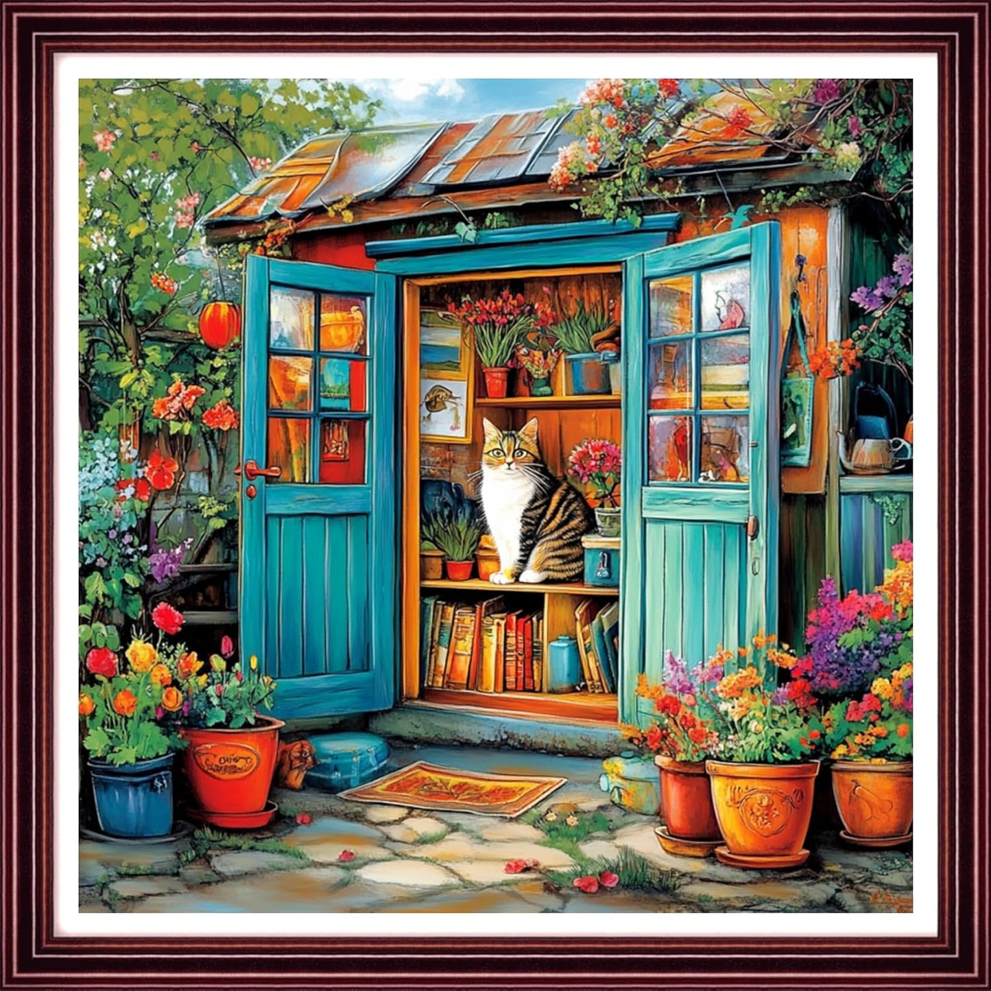 Redxing Stamped Cross Stitch Kits Full Range of Embroidery Starter Kits- Needlepoint Counted Cross Stitch Kits for Beginner Adults 11CT Printed Embroidery Kit-Cat Flower Home 18x18 inch