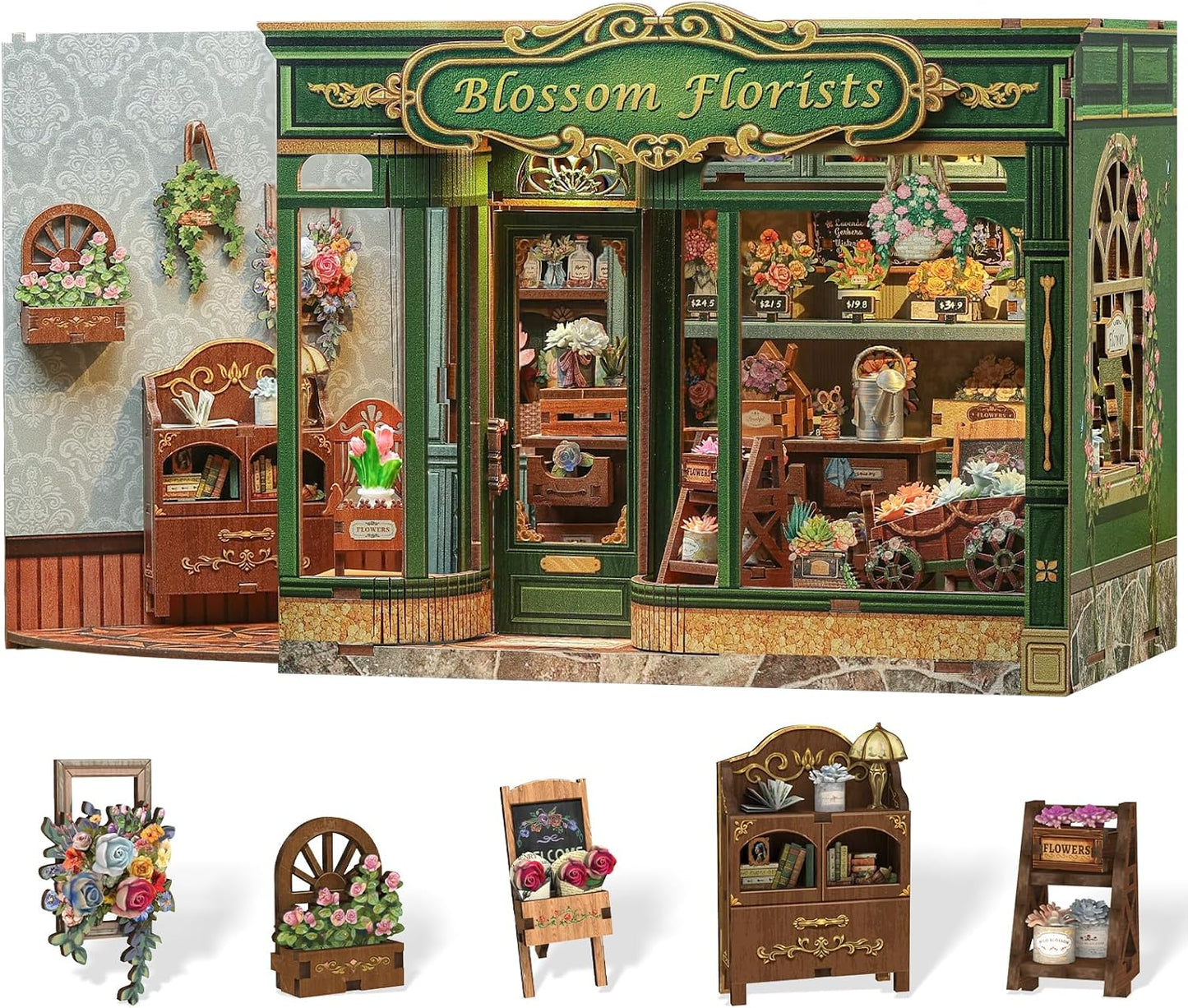 Cutefun Book Nook Kit - DIY Miniature House Dollhouse Kit, Book Nook Kits for Adults, Bookshelf Insert Bookend with LED Light for Teens and Adults (Blossom Florists)