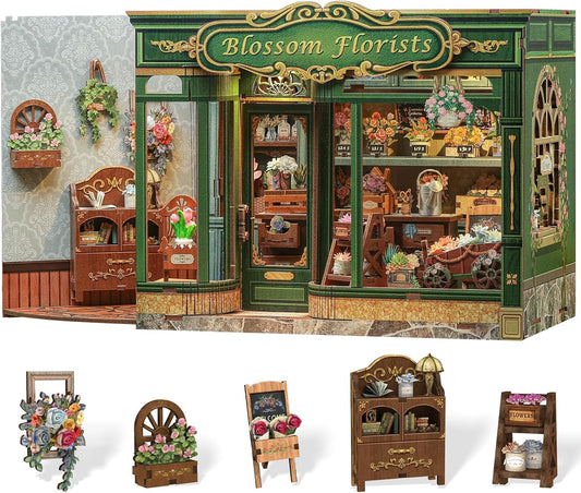 Cutefun Book Nook Kit - DIY Miniature House Dollhouse Kit, Book Nook Kits for Adults, Bookshelf Insert Bookend with LED Light for Teens and Adults (Blossom Florists)