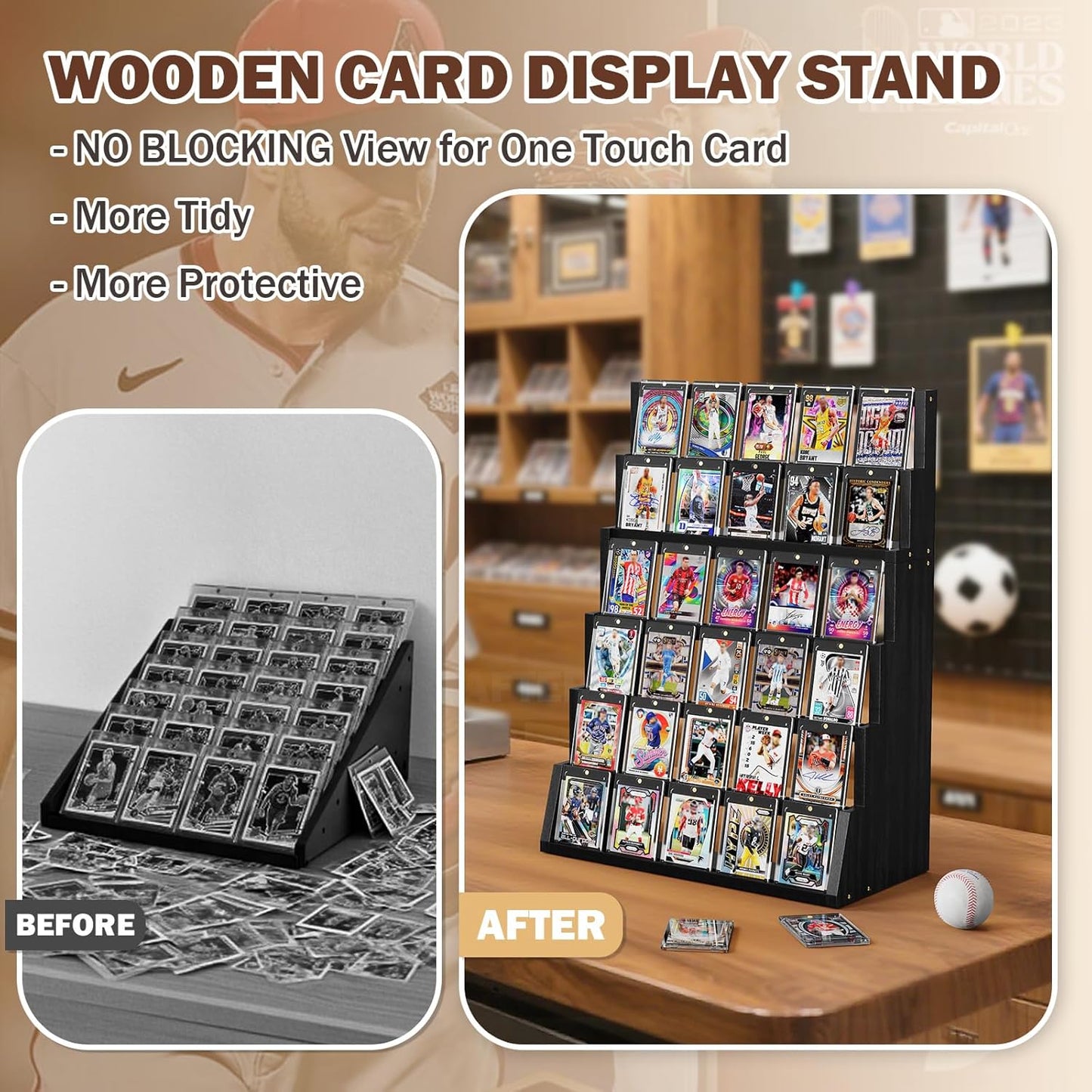 Emfogo Card Display Stand, 6-Tier Trading Card Display, Wood Detachable Graded Card Display with Top Storage, High Capacity Trading Card Display Stand for Collection & Show (Black)