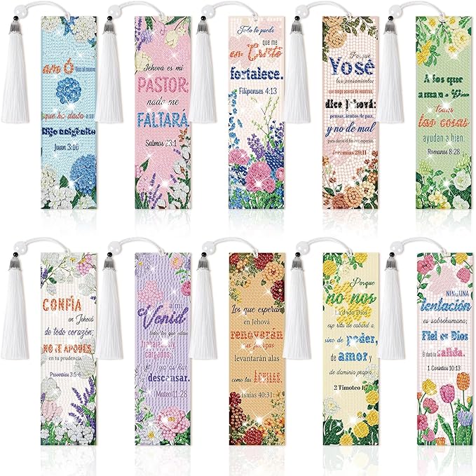 8 Pieces Christian Bible Verse Diamond Art Bookmarks 5d Christian Beaded Bookmark Acrylic Tassel Bookmark for DIY Making Beginners Kids Adults Arts Craft Supplies (Spanish)
