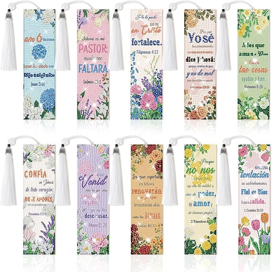 8 Pieces Christian Bible Verse Diamond Art Bookmarks 5d Christian Beaded Bookmark Acrylic Tassel Bookmark for DIY Making Beginners Kids Adults Arts Craft Supplies (Spanish)