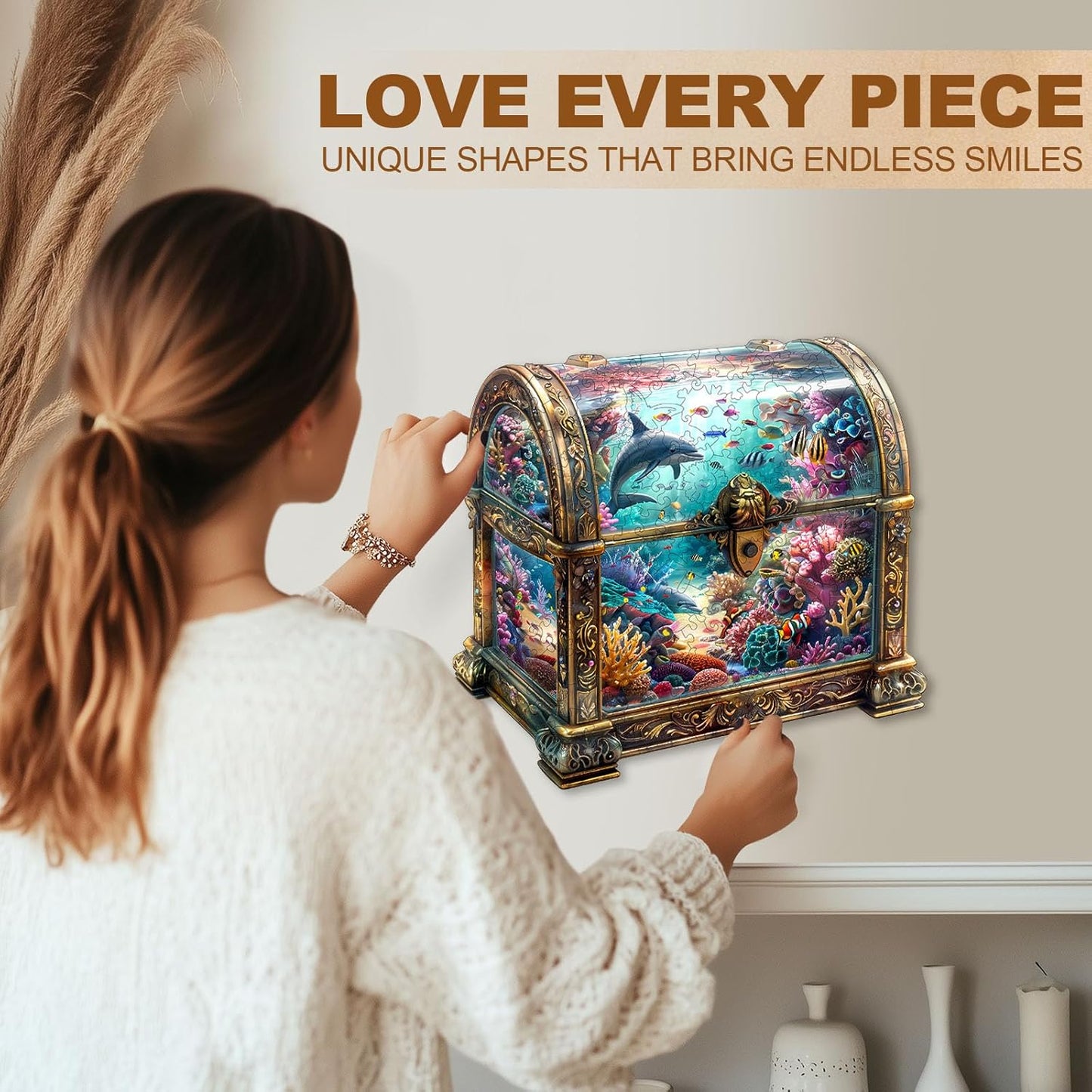 Wooden Puzzles for Adults, Treasure Chest Ocean Wooden Jigsaw Puzzle Unique Shape Animal Wood Puzzles Adult 3D Visual Effect, Birthday Gifts for Puzzle Lovers Family Games (M-11.4 * 11in-190pcs)