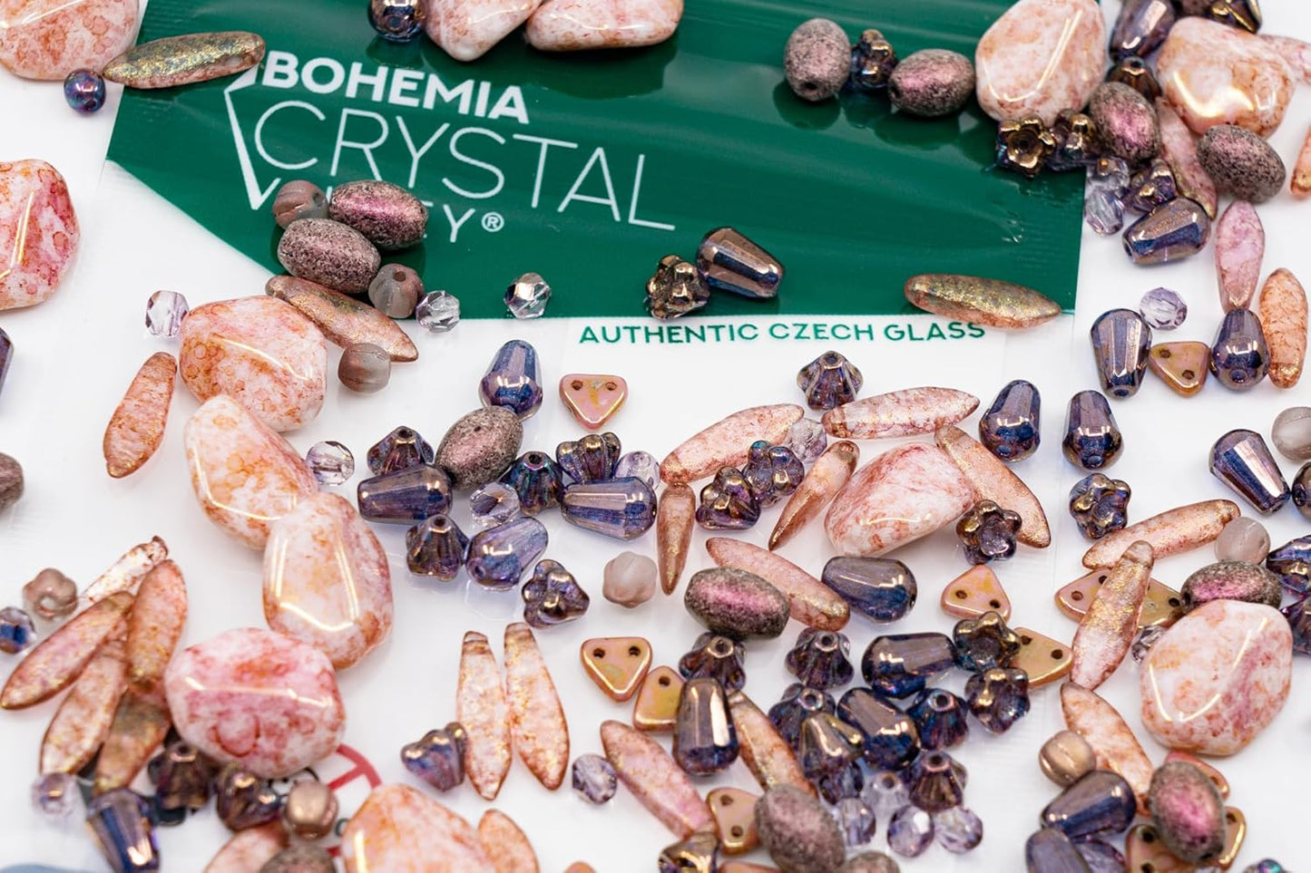 2.1oz (60 g) Mix of Unique Czech Bohemia Glass Pressed Beads, Matte and Glossy, Hand Made, Antique Copper Pink