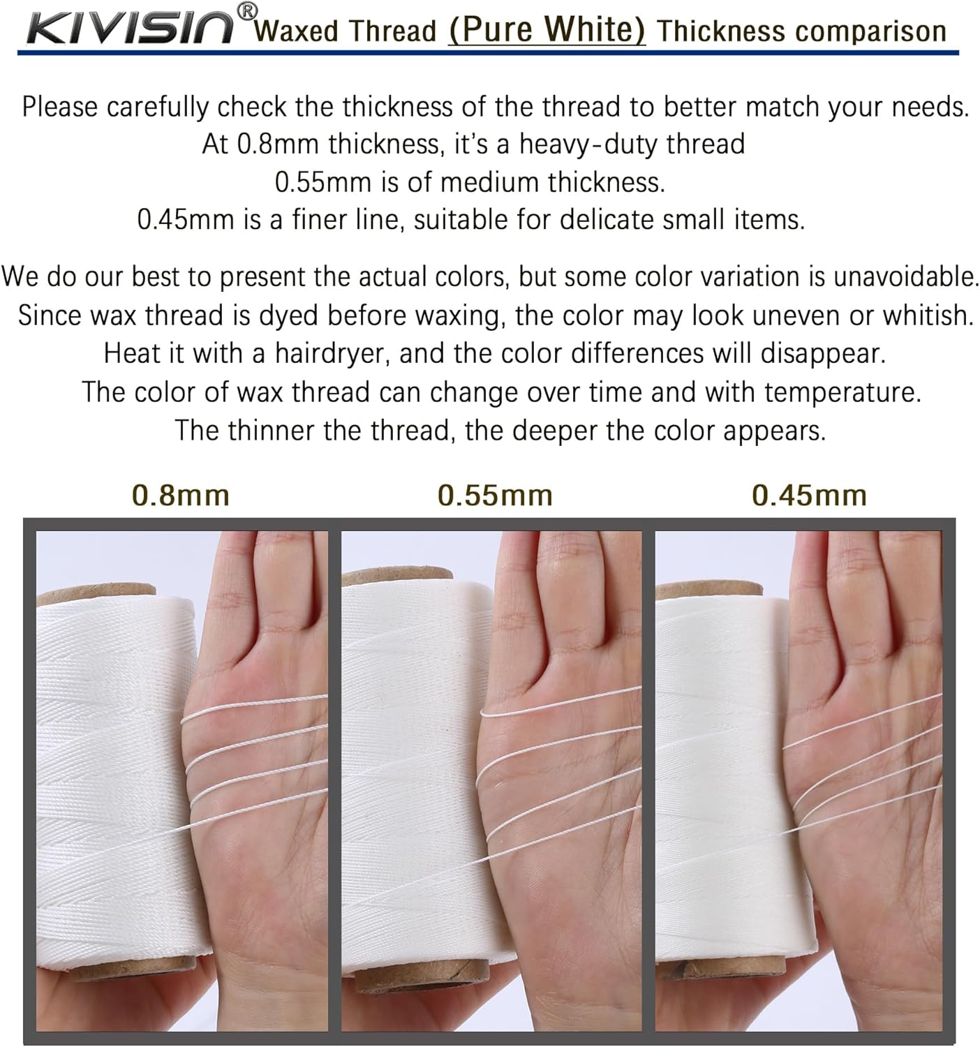 Bonded 0.8mm Round Waxed Polyester Cord, 3-ply Wax Coated Thread, 197 Yards Stiff String for Heavy Duty Fabric, Leather Sewing, Book Binding, Upholstery Repair, and Macrame Jewelry - White