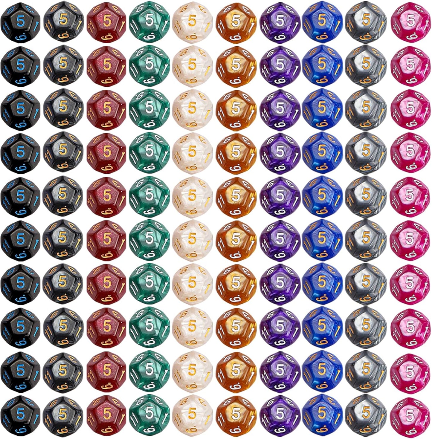 CiaraQ DND Polyhedral Dice (100pcs) with A Dice Bag Compatible with Dungeons and Dragons DND RPG MTG Role Playing Table Games (D12 dice, 10 colors-100 pcs)