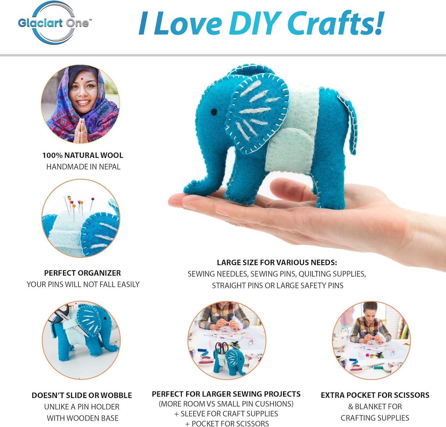Glaciart One Sewing Pin Cushion Elephant | Large Size w/Sleeve for Craft Supplies & Pocket for Scissors | Also for Quilting Needles, Sewing Machine Needles, Safety and T Pins