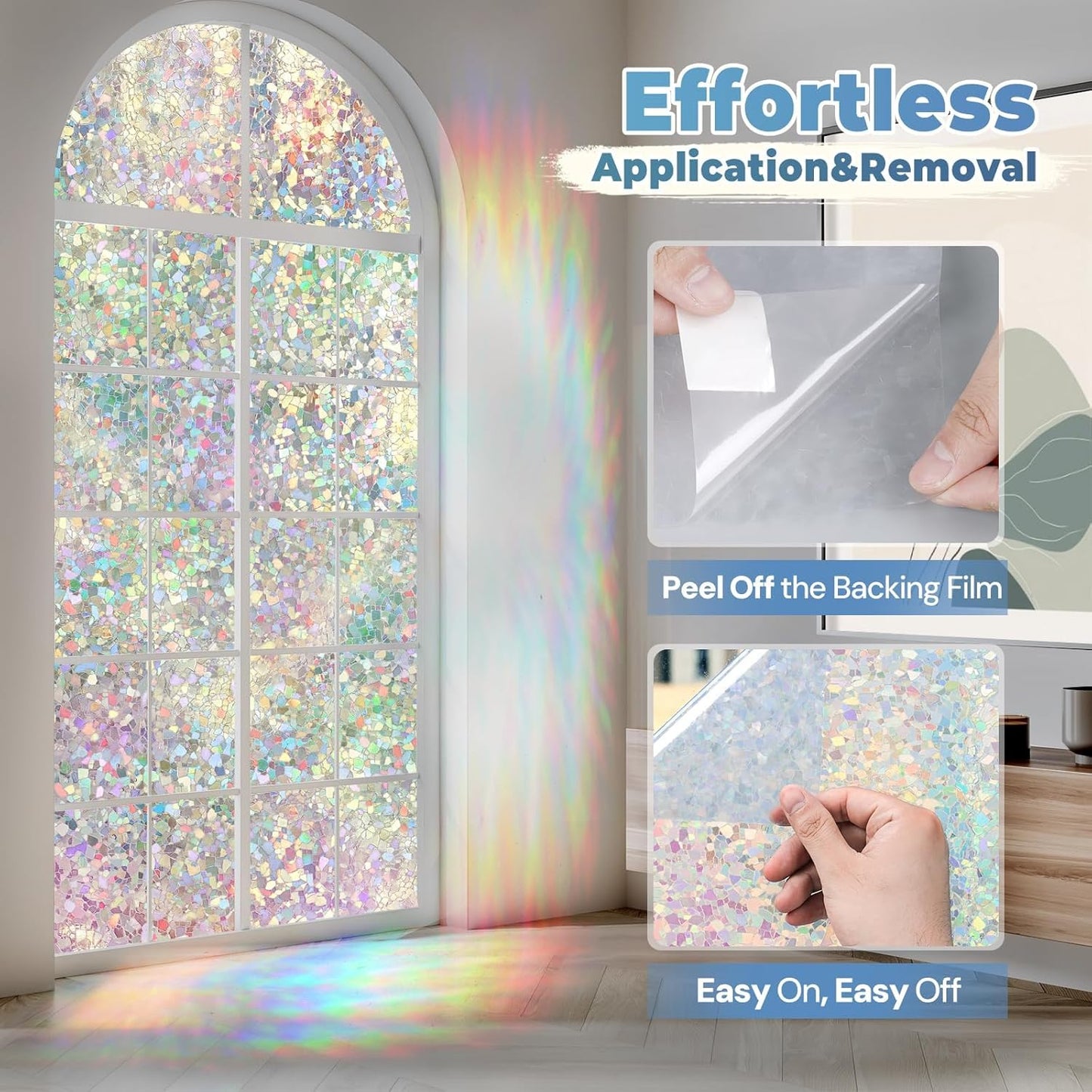 DOWELL Window Privacy Film Rainbow Film, Stained Glass Decorative Sticker, Static Cling Non-Adhesive Glass Clings, Sun Blocking Heat Control Window Coverings for Home Door, 17.5" x 78.7"