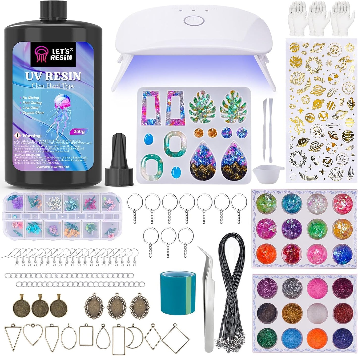 LET'S RESIN Jewelry Making Kit - 153Pcs Crystal Clear 250g UV Resin with UV Lamp,Jewelry Resin Molds, Starter kit for Keychain, Earring Making, Craft Decor