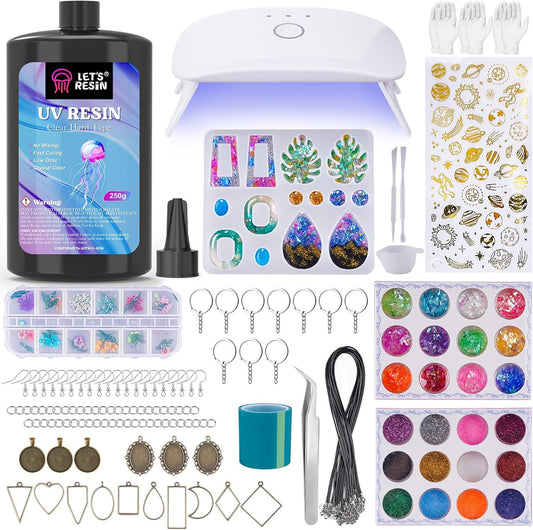 LET'S RESIN Jewelry Making Kit - 153Pcs Crystal Clear 250g UV Resin with UV Lamp,Jewelry Resin Molds, Starter kit for Keychain, Earring Making, Craft Decor