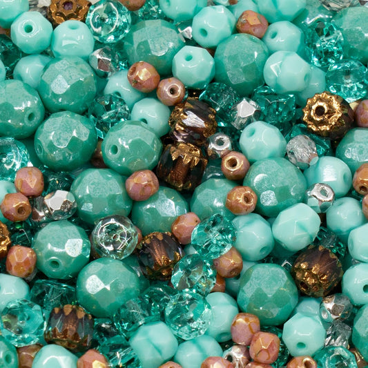 1.8 oz (50g) Mix of Faceted Fire Polished Czech Glass Beads (Round, Rondelle etc) 4-10mm, Turquoise