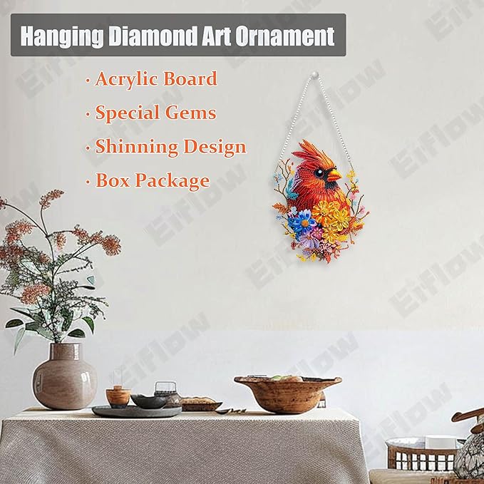 Eiflow Acrylic Diamond Art Hanging Kit for Adults Cardinal Bird, DIY Diamonds Painting Door Hanger Board Kit, Special Crystal Diamond Art Painting Pendant Ornament