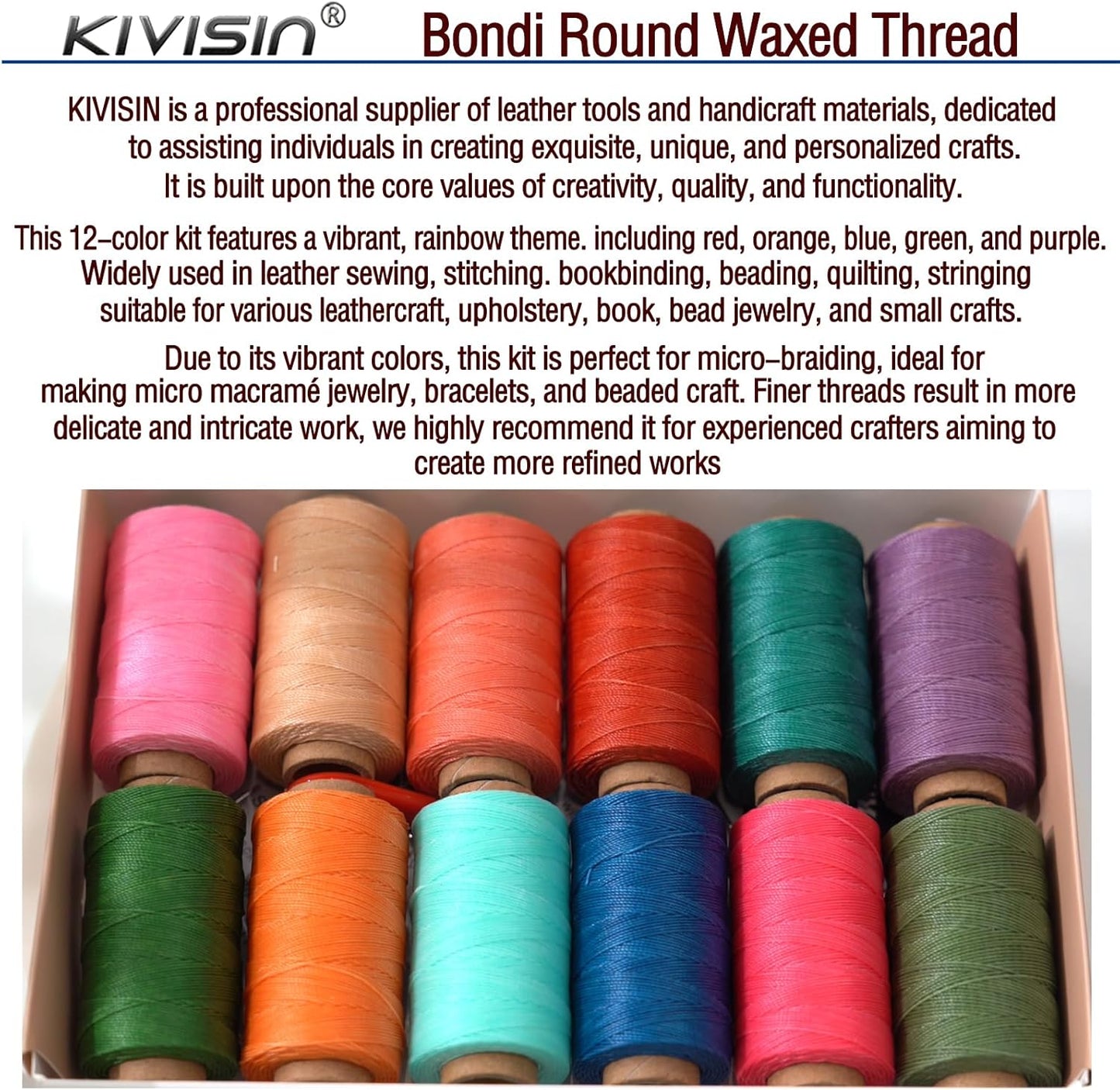 12 Colored Waxed Polyester Thread, 0.45mm Thinner Diameter, 115 Yards/Spool, Wax Coated String Cord for Leather Sewing, Upholstery, Stitching, Binding, Beading, Stringing, and Crafting