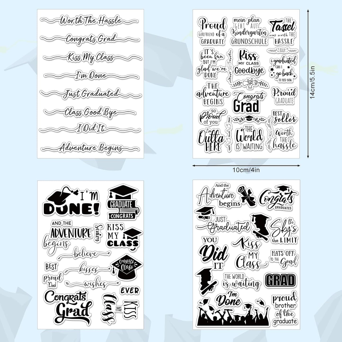 Whaline 4 Sheet Graduation Words Clear Stamps Congrats Grad Cap Silicone Transparent Stamps Border Stamp Cards for DIY Craft Card Making Scrapbooking Embossing Album Decor
