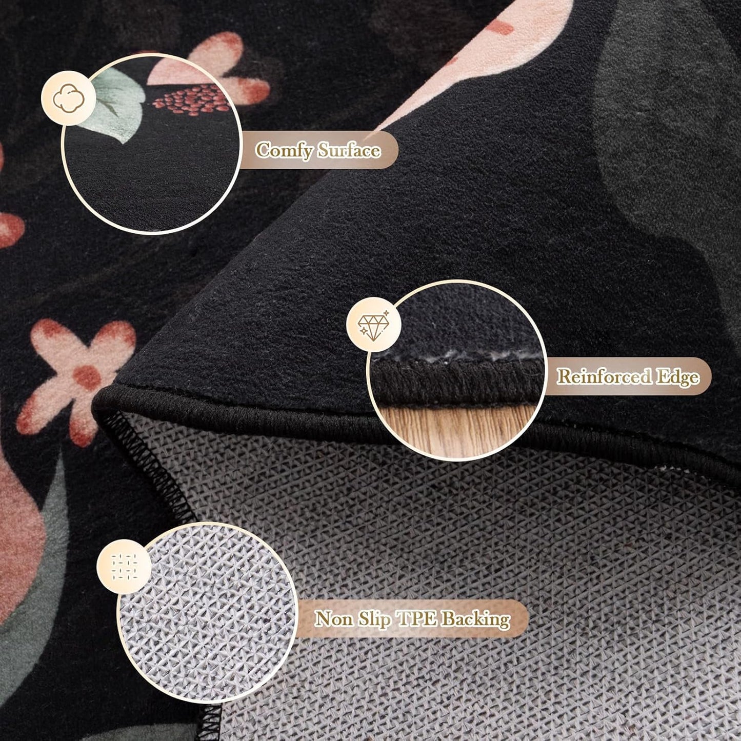 Beeiva Washable Rugs 8x10 for Living Room - Scalloped Floral Printed Soft Non Slip 8 x 10 Area Rug for Dining Room Boho Flower Ultra-Thin Aesthetic Carpet for Kids Room Dorm Office(Black,8x10ft)