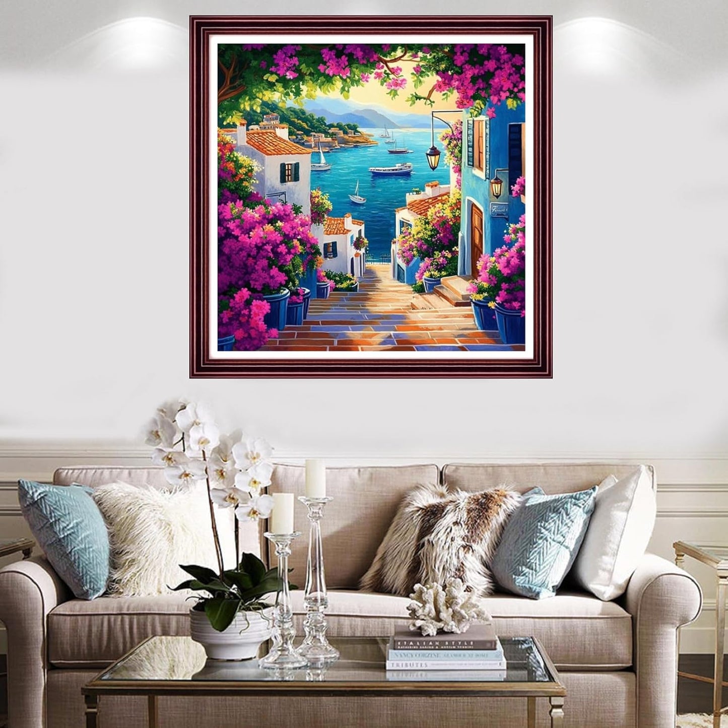 Redxing Stamped Cross Stitch Kits Full Range of Embroidery Starter Kits- Needlepoint Counted Cross Stitch Kits for Beginner Adults 11CT Printed Embroidery Kit-Seaside Floral Scenery 18x18 inch