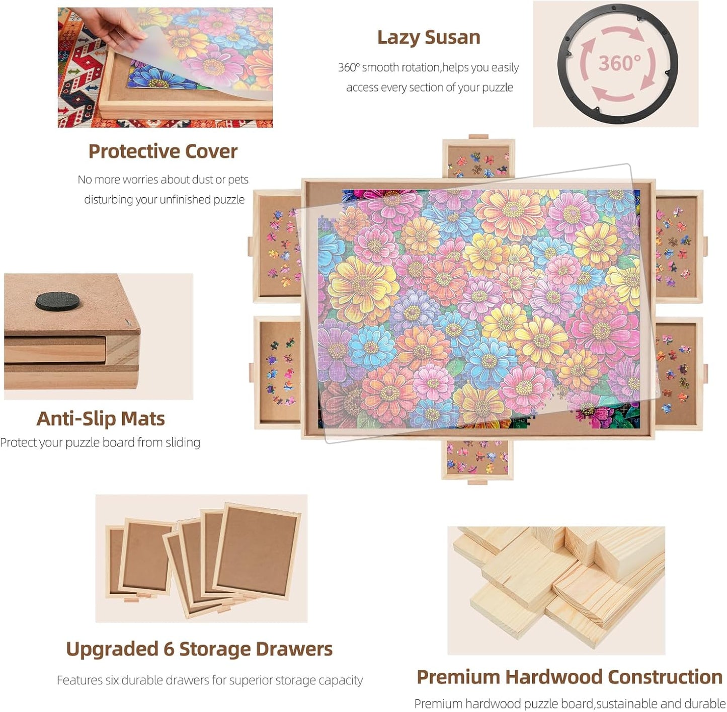 1000 Pieces Rotating Puzzle Board with 6 Drawers, Lazy Susan & Transparent Cover, 30.2"x22.4" Portable Wooden Jigsaw Puzzle Board , Great Gift for for Puzzle Enthusiasts