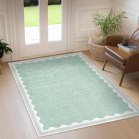 Scalloped 3x5 Rugs for Entryway, Small Area Rug Solid Green Rug for Bedroom Girls, 3x5 Washable Rugs for Living Room, Non Slip Scalloped Bath Mat, Soft Dorm Nursery Carpet for Bedside