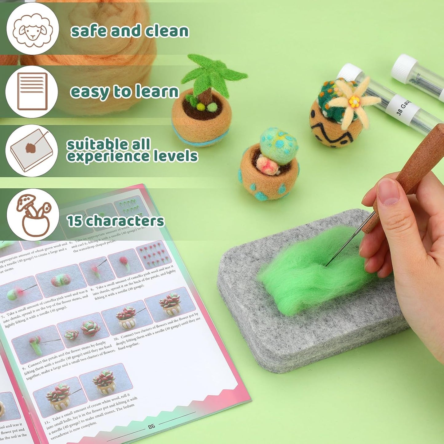 Needle Felting Kit, 15 Pcs Succulent Beginner Needle Felting Kit, Needle Felting Tools, Wool Felting Kit Including Wool Roving, Foam Mat, Felting Needles and Instructions for Diy Felting Starters