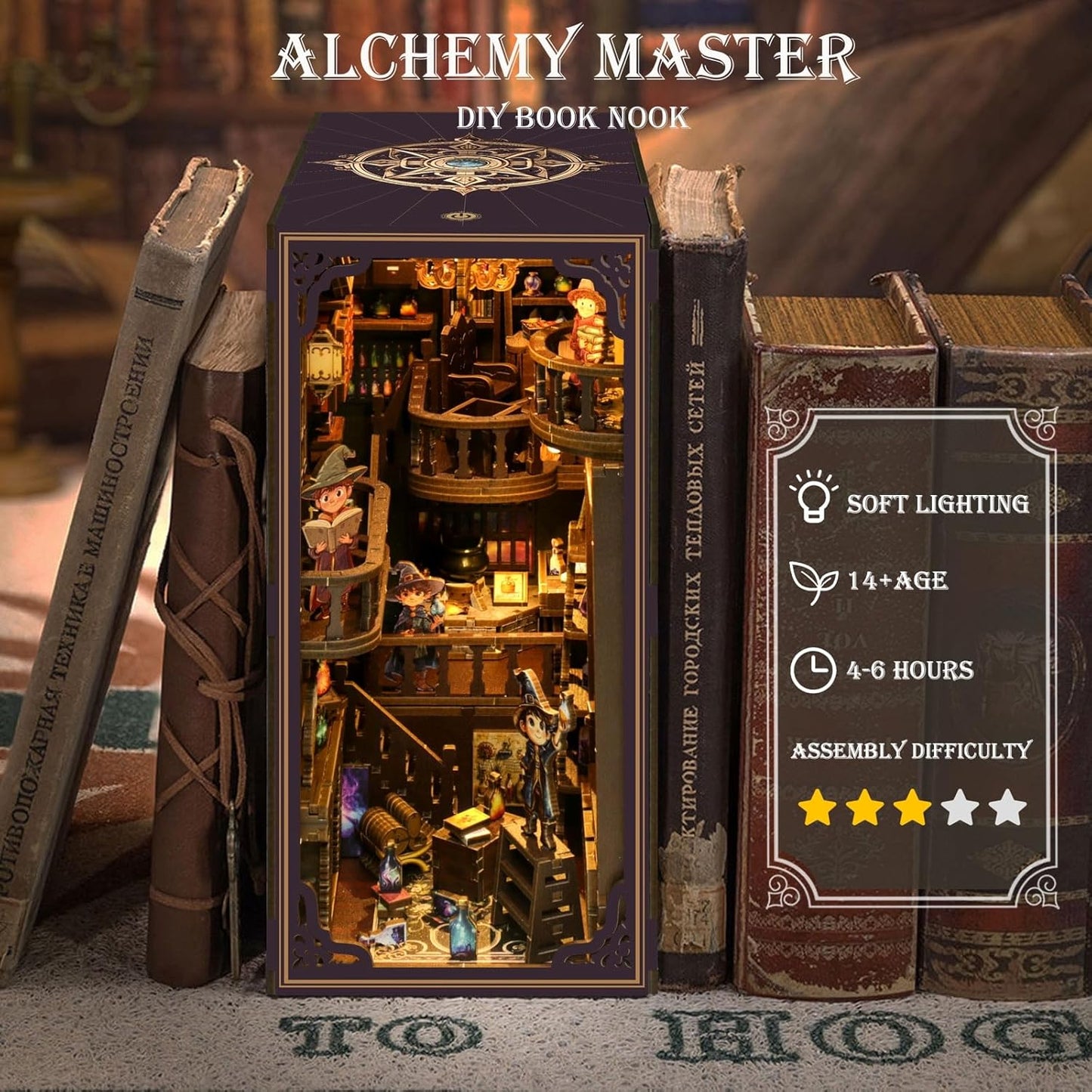 Book Nook Kit for Adults, DIY Miniature House Kit 3D Printed Booknook Wooden Puzzle Dollhouse Bookshelf Insert Decor DIY Craft Gift Model Build with LED Light for Book Lovers - Alchemy Master