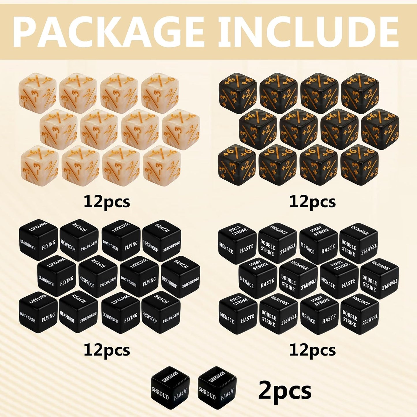 MTG dice Set with counters - 50 dice Including keyword, +1 to +6, -1 to -6 counters for Final Fantasy Magic The Gathering, Comes with Storage Box and Velvet Pouch(Text Version)