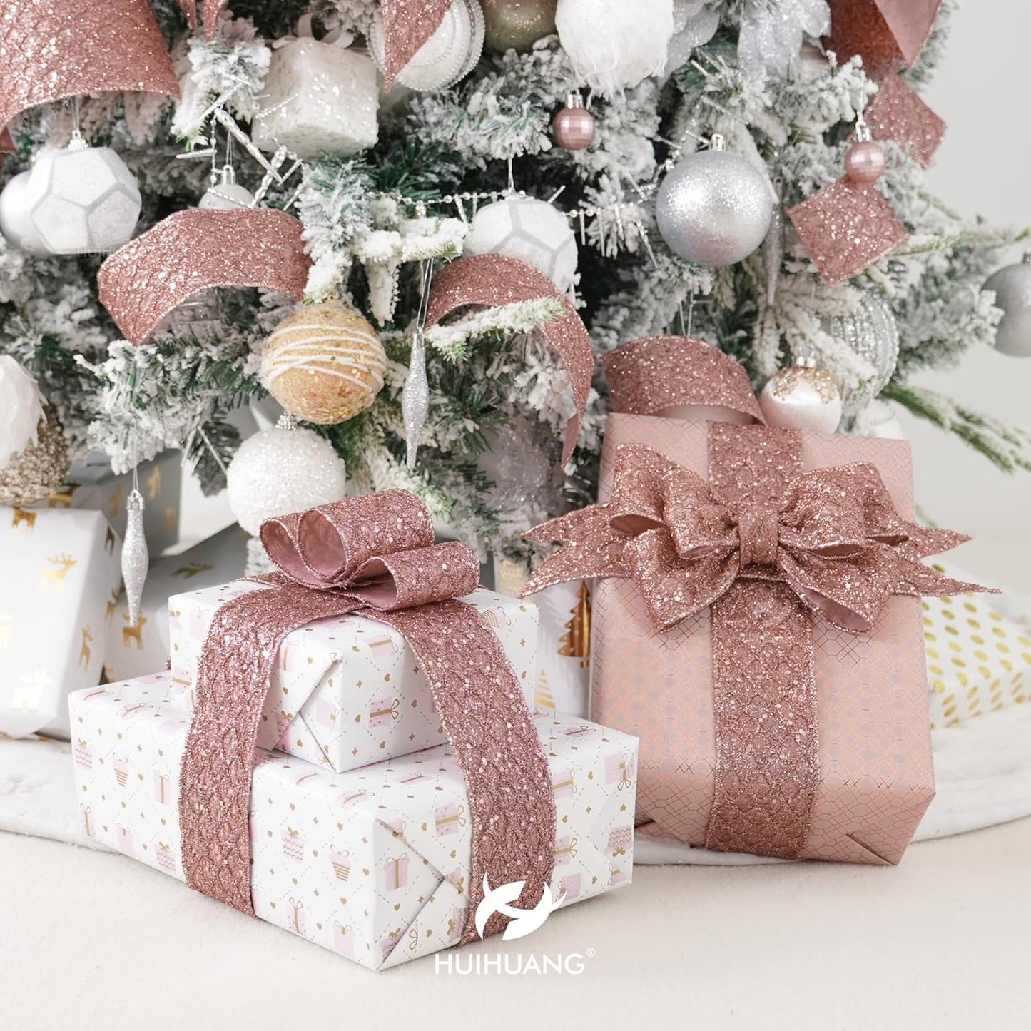 HUIHUANG Rose Gold Glitter Wired Ribbon for Christmas Tree 2.5 inch Rose Gold Diamond Mesh Ribbon for Tree Decoration, Wreaths, Garland, Gift Wrapping, Bows Making, Home Decor -10 Yards