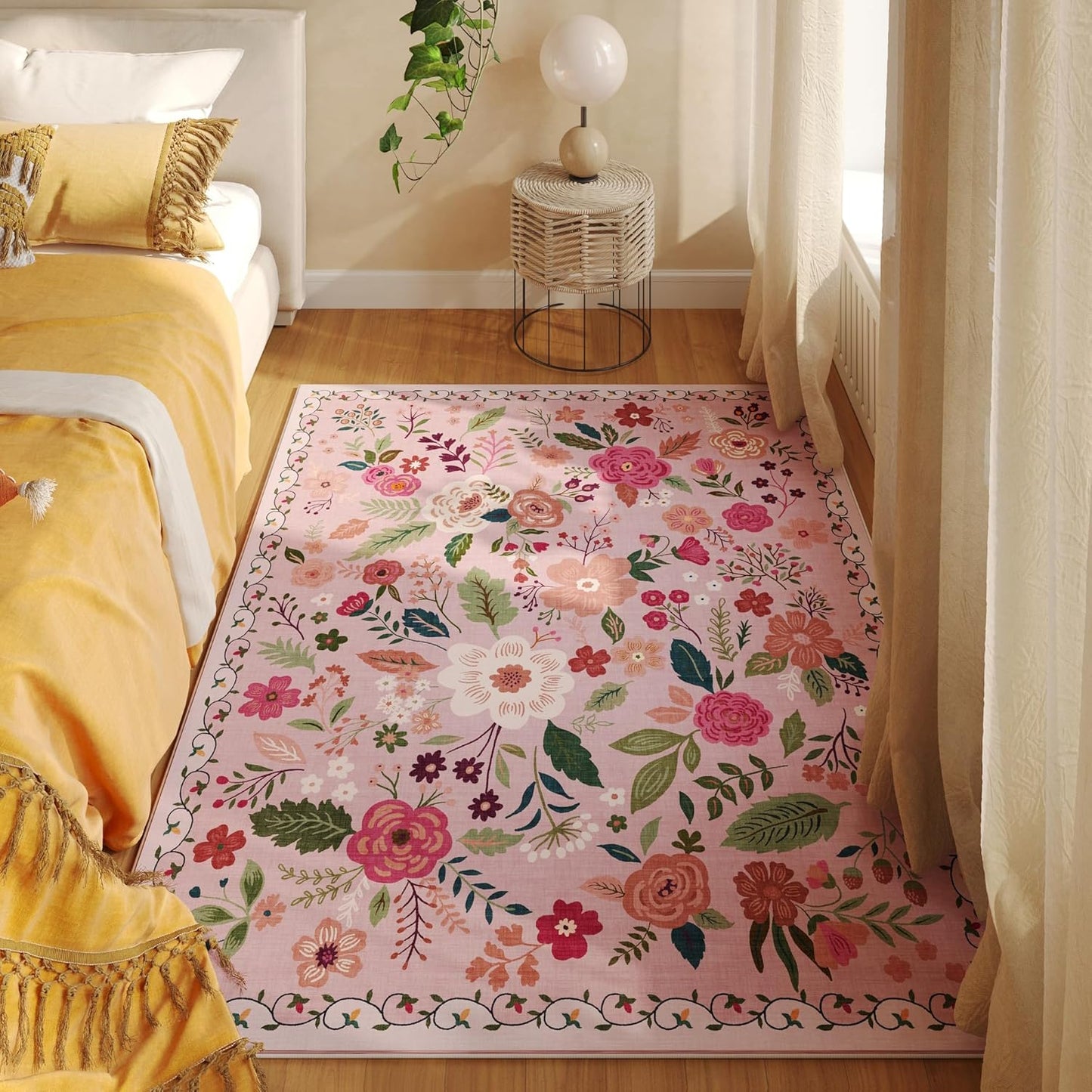 Rugcomf Bedroom Rug 3x5 Rug Washable Area Rug Non Slip Low Pile Boho Floral Small Carpet for Bedroom, Bedside, Kitchen, Entryway, Kids Room, Office, College Dorm Essentials for Girls(Pink)