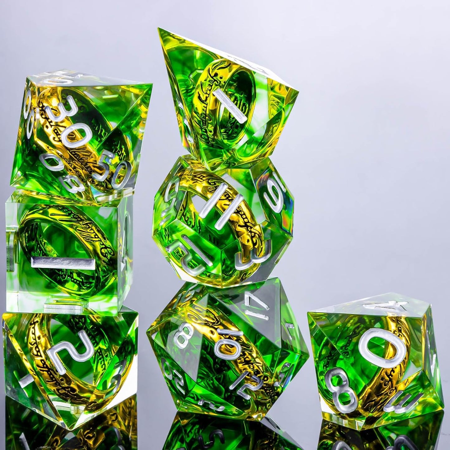 OUKELANWO Magic Lord Rings DND Dice Set with Box, 7Pcs Resin LOTR D&D Dice Set for Role Playing Game, Green Dungeons Dragons D and D Sharp Edge Dice D20 D12 D10 D8 D6 D4
