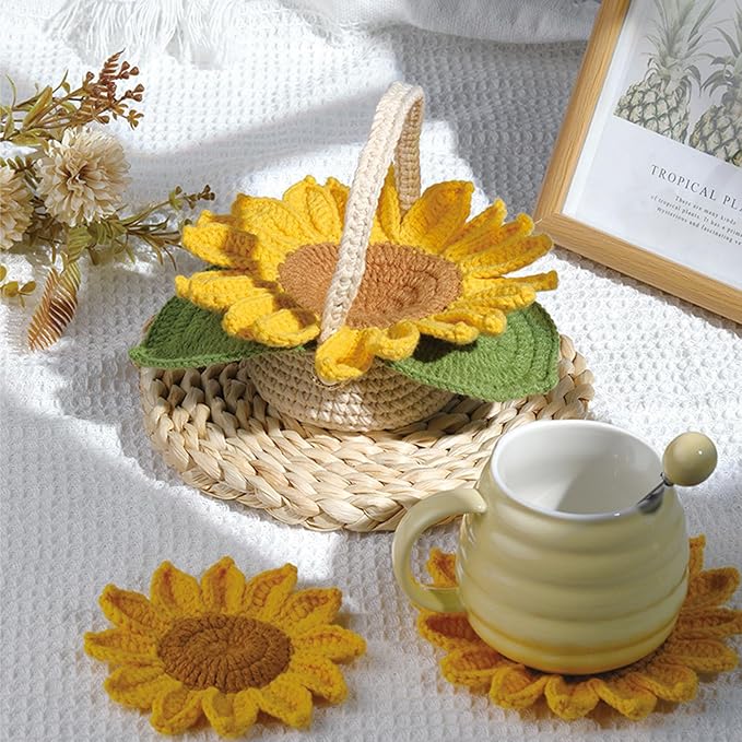 Beginner Crochet Kits, 5-Piece Sunflower Coaster Set, Plant Crochet kit, Adult Crochet Beginner Kits, with Step by Step Guide Video, Sunflower Crochet Material Tool