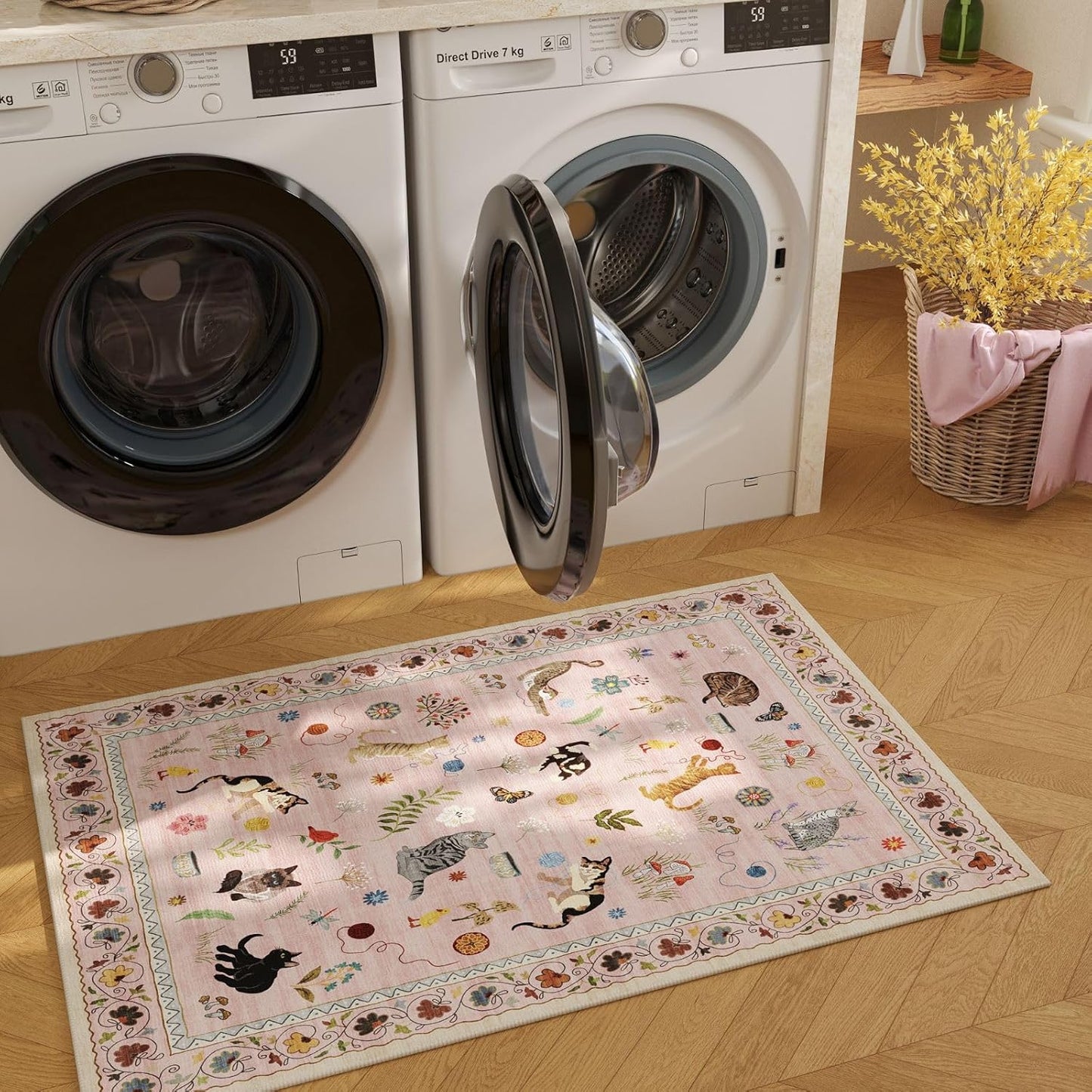 Rugcomf Door Mat Indoor Entrance 2x3 Rug Machine Washable Boho Floral Animal Cat Small Area Rug Non-Slip Low Pile Throw Rugs for Entryway Kitchen Front Door Indoor Entrance Entry Kids Room, Pink