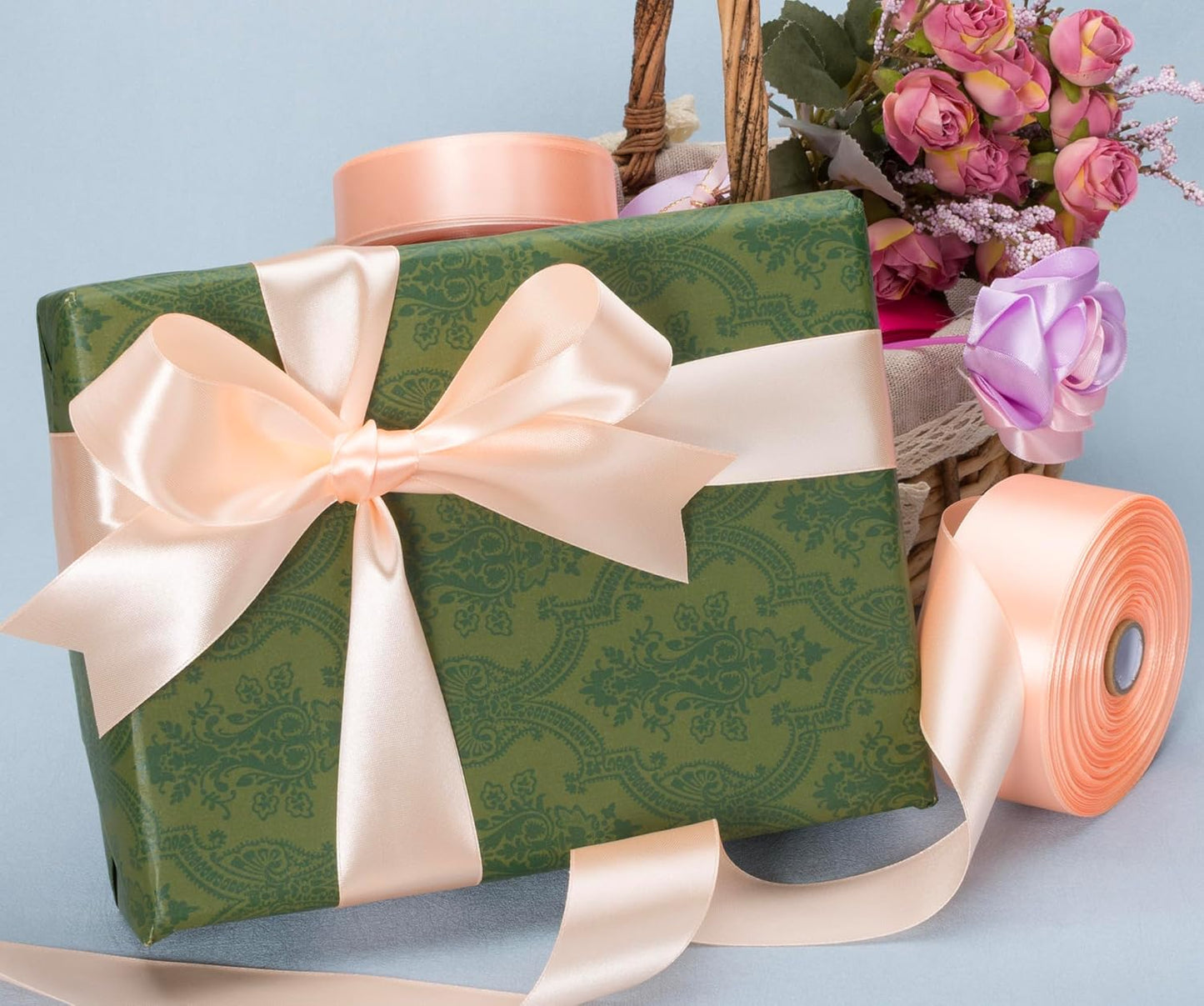 1 1/2 Inch Peach Solid Satin Ribbon, 50 Yards Craft Fabric Ribbon for Gift Wrapping Floral Bouquets Wedding Party Decoration