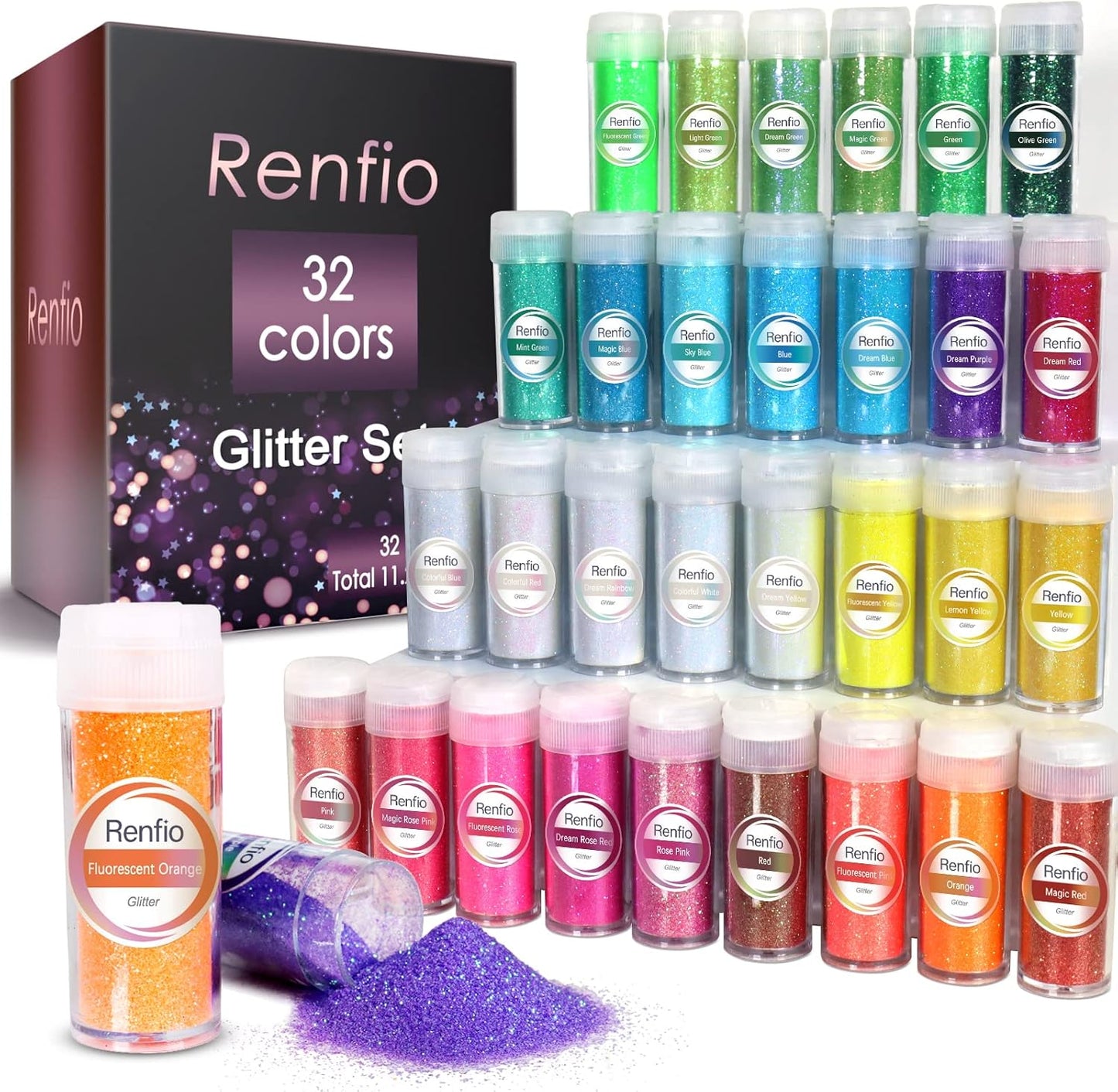 Renfio 32 Colors Iridescent Glitter Set, 16.93oz 480g Ultra Fine Glitter Powder PET 1/128" 0.008" 0.2mm Resin Suppies Assorted Craft Glitter for Fake Nails, Resin Art, Tumblers, Slime, Hair, Bomb