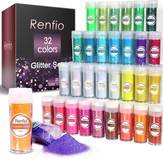 Renfio 32 Colors Iridescent Glitter Set, 16.93oz 480g Ultra Fine Glitter Powder PET 1/128" 0.008" 0.2mm Resin Suppies Assorted Craft Glitter for Fake Nails, Resin Art, Tumblers, Slime, Hair, Bomb