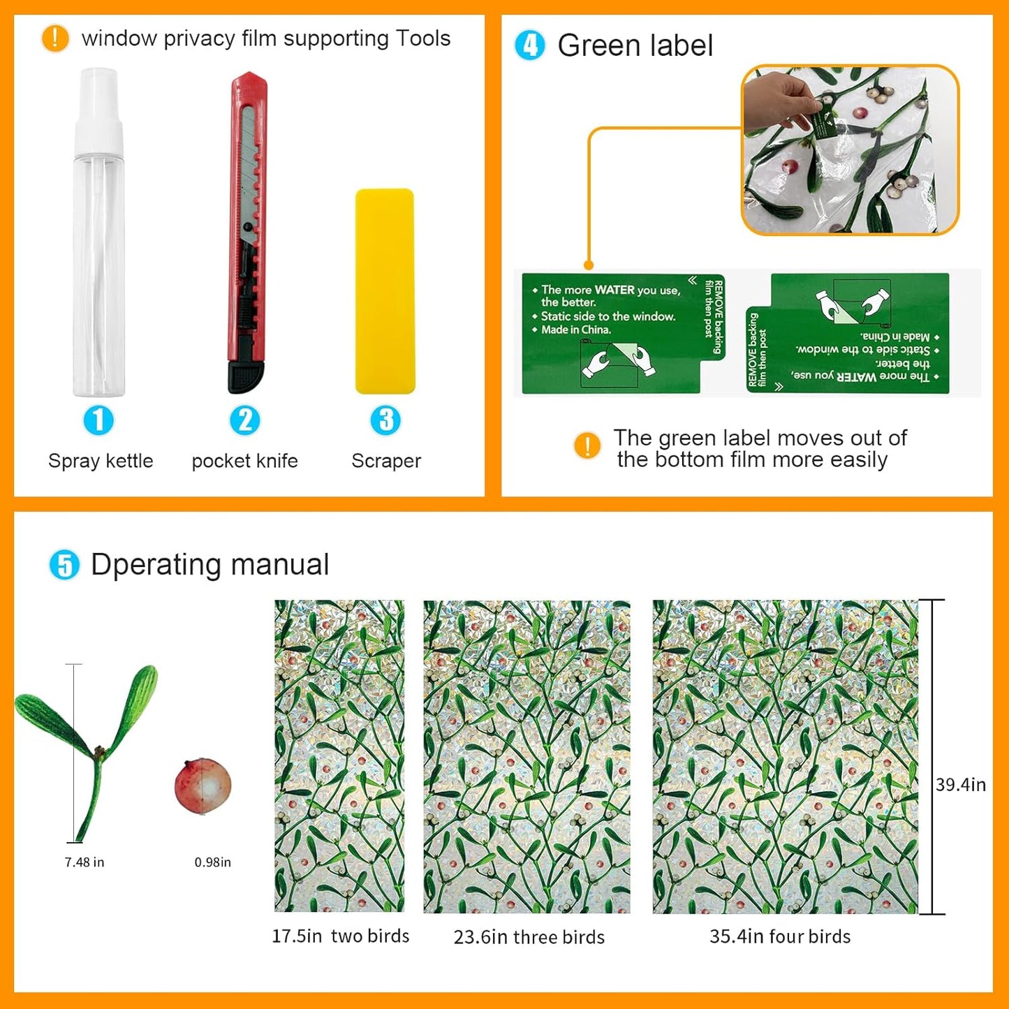 Window Privacy Film Stain Glass Window Film Rainbow Window Film Window clings Non-Adhesive Reusable Decorative for Room (Mistletoe Rainbow, 17.5 x 78.7 in)