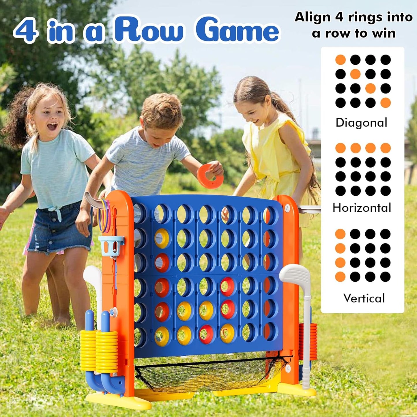 Ancaixin Giant 4 in-A-Row Connect Game Set, Adjustable Height Jumbo Yard Game with Basketball Hoop, Golf, Mesh Pocket & Ring Toss, Indoor Outdoor Family Backyard Party Game for Kids and Adults, Blue
