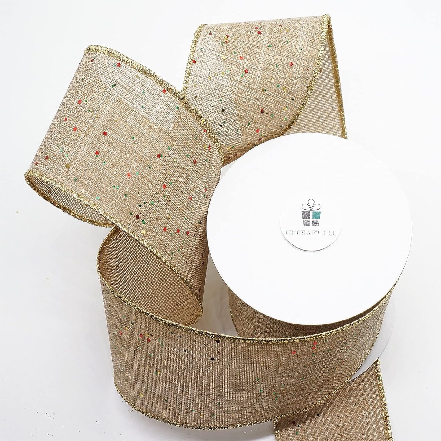 CT CRAFT LLC Tan Burlap Fabric Confetti Glitter Wired Ribbon 2.5" x 10 Yards Natural Color for Christmas Home Wedding Decor Gift Wrapping Tree Topper Bow Wreath Bouquet DIY Crafts