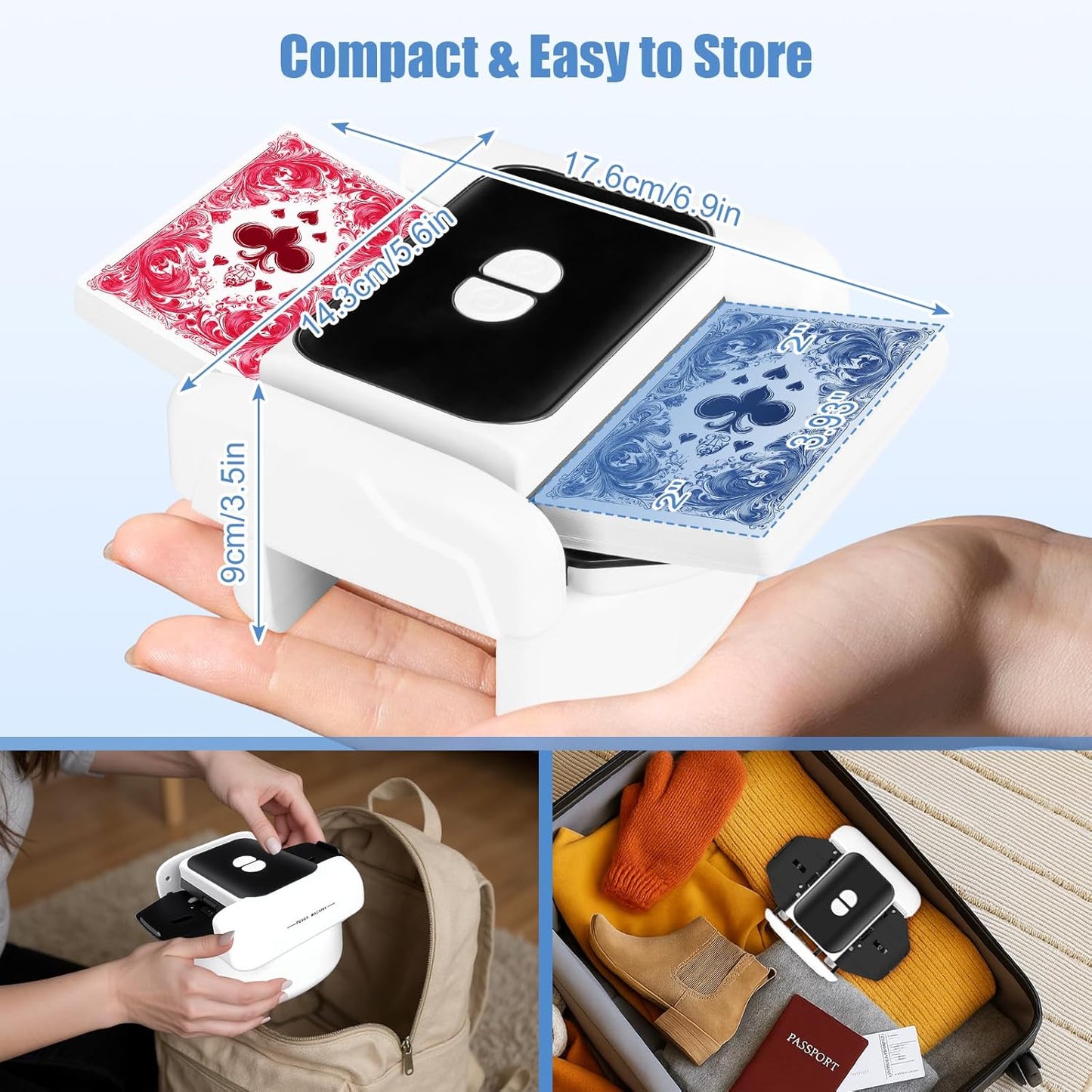 BEE&FLOWER Card Shuffler - Rechargeable Low Noise & Jam-Free | Fast Shuffle for 1–2 Decks with Pull-Out Tray, Auto & Manual Modes Compatible with Poker, Regular, Texas Hold'em, Blackjack, Bridge