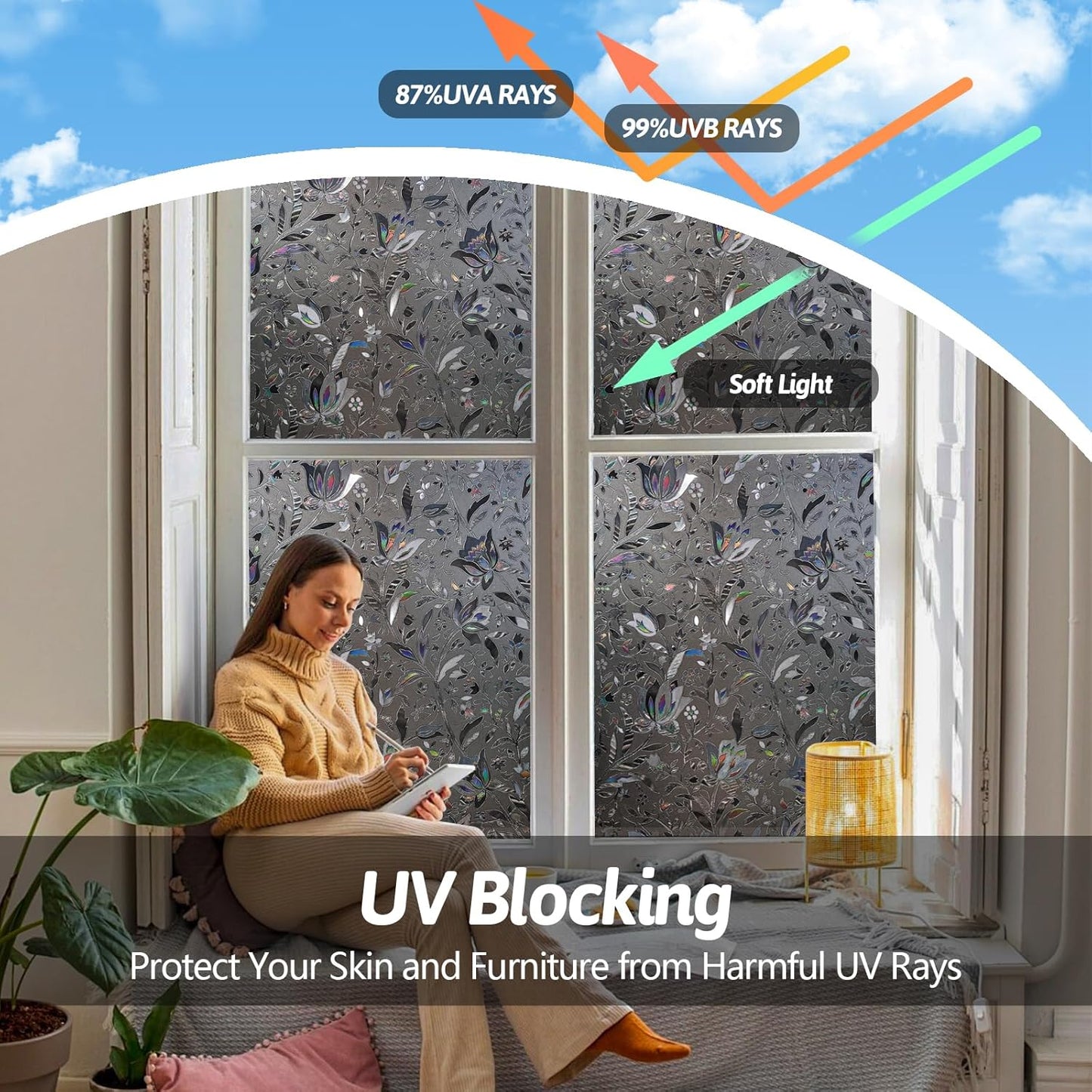 NINETREX Window Privacy Film,Decorative Window Film Frosted,Stained Glass Window Cling,Heat Blocker Non-Adhesive for Home,Grayish Black 35.4 x 78.7inch