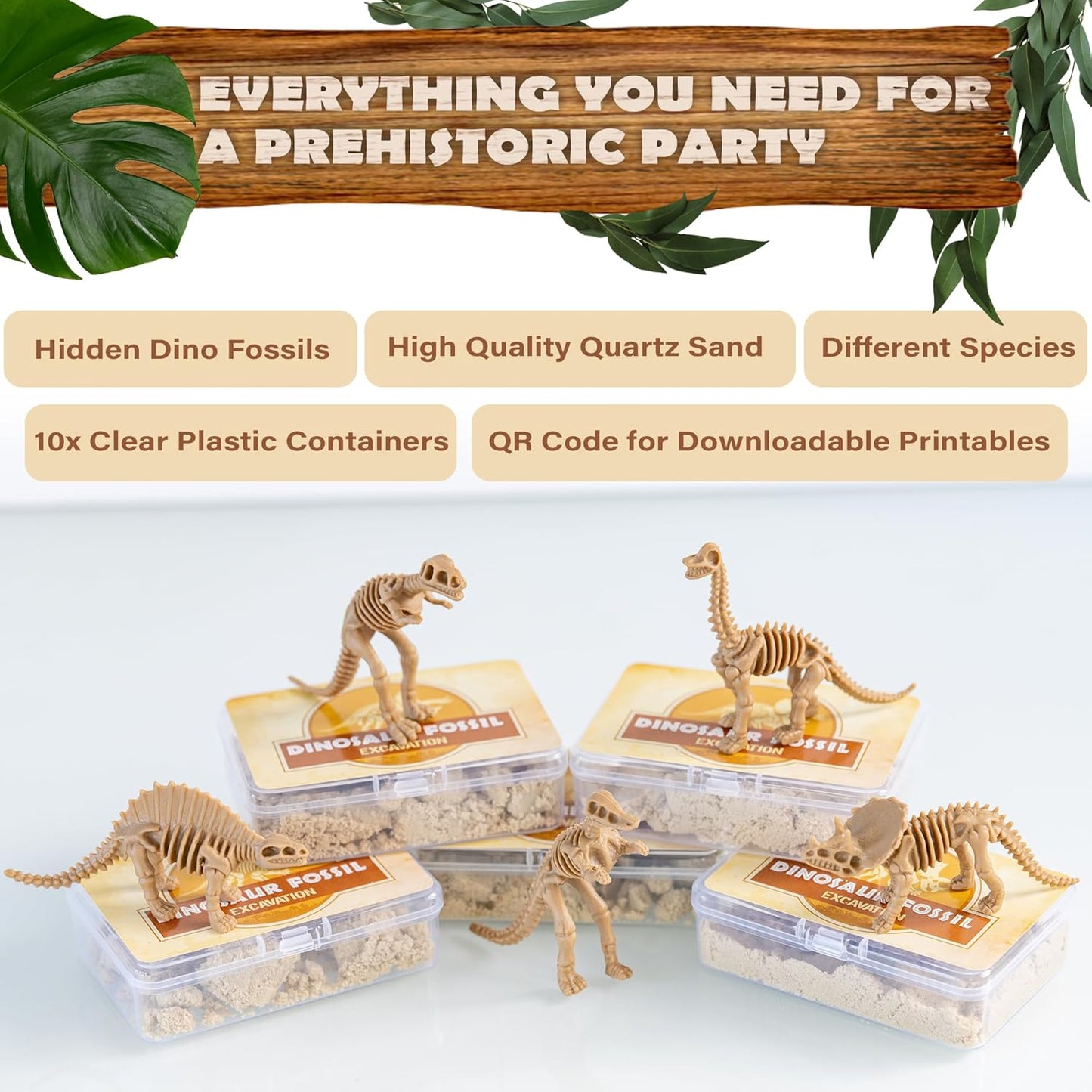 Dinosaur Party Favors for Kids Pack of 10 - Dinosaur Fossils & Quartz Sand Jars - Sensory Sand for Kids to Dig Up Dino Bones - Includes Customizable Dino Decorations, Cupcake Toppers & Labels