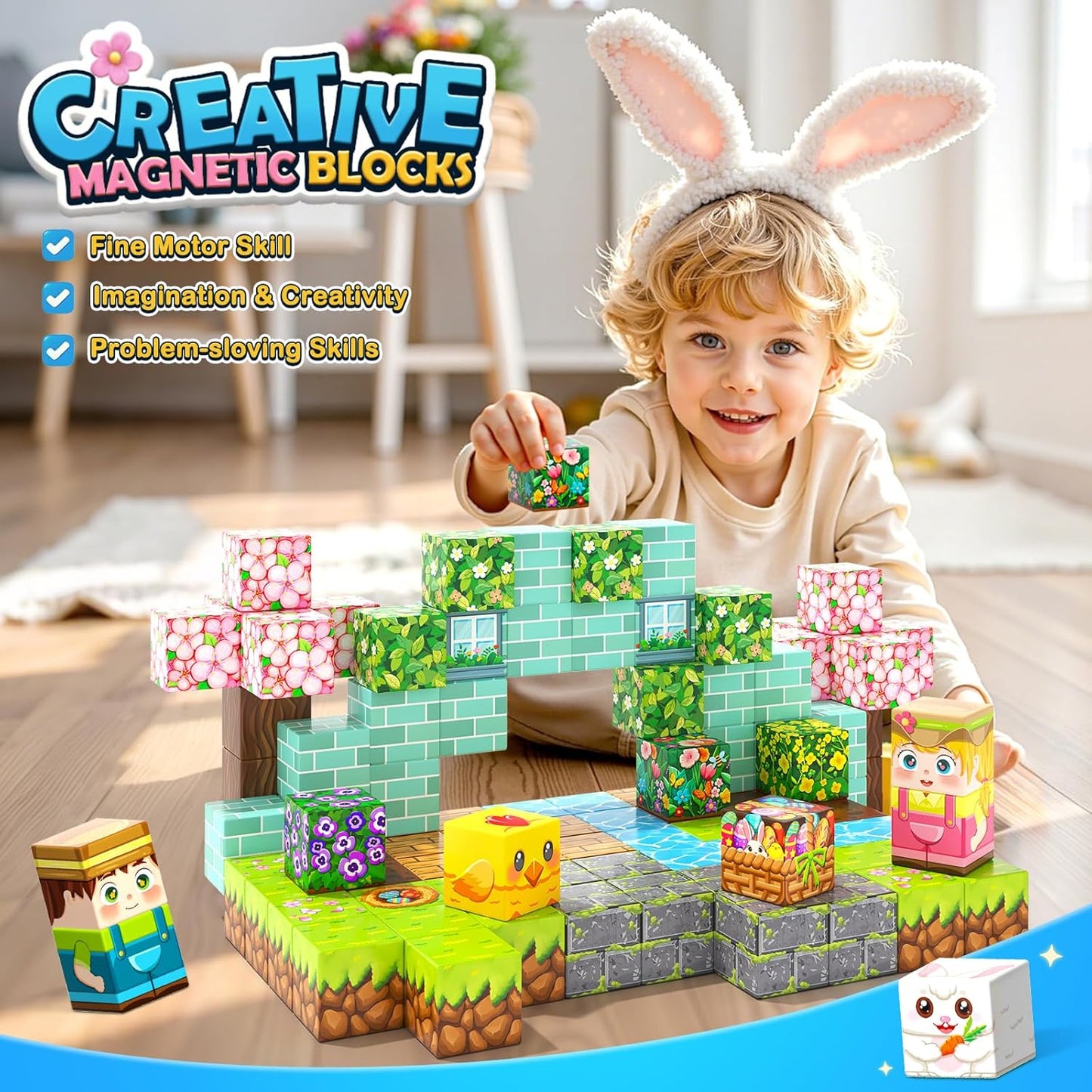 108PCS Magnetic Blocks Kids Magnet Toys, Large 1 inch Building Cubes with Puzzle Panel, Mine Magworld Easter Bunny Garden Building Crafts, Sensory Learning Toys Gift for 3+ Year Old Boys Girls