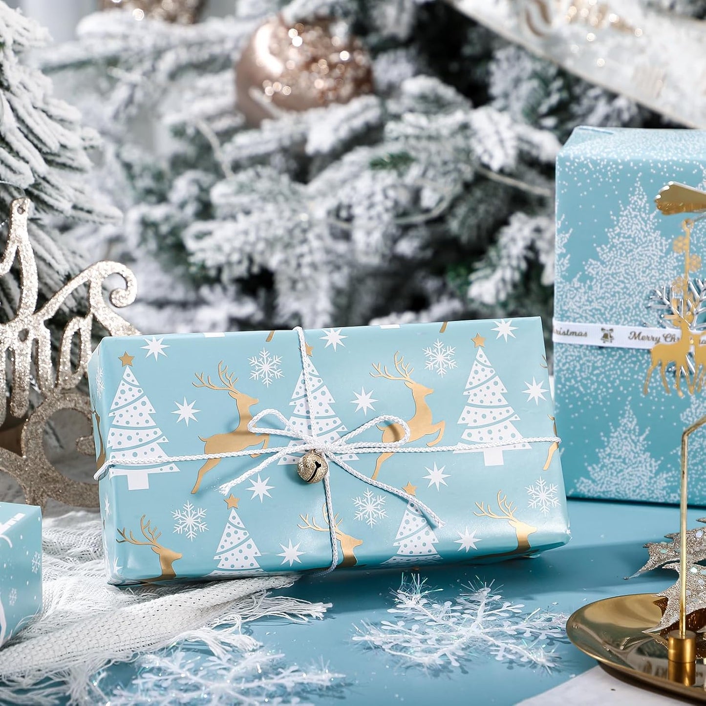 WRAPAHOLIC 30 Inch Christmas Wrapping Paper Roll - Jumbo Roll Blue and Silver Reindeer, Christmas Tree, Snowflake Holiday Design Printed on Pearlized Paper - 4 Rolls - 30 Inch x 120 Inch Per Roll